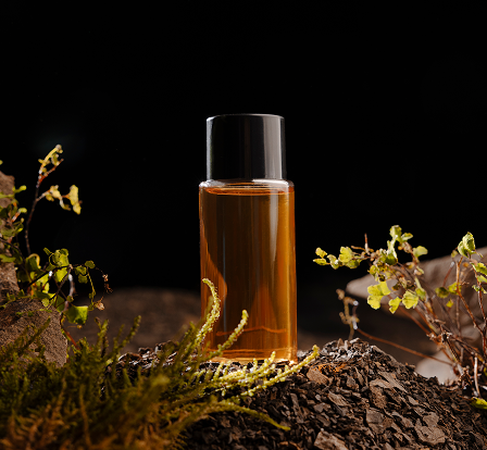 Small transparent bottle with amber liquid and black cap, surrounded by moss, bark, and small branches against a black background.