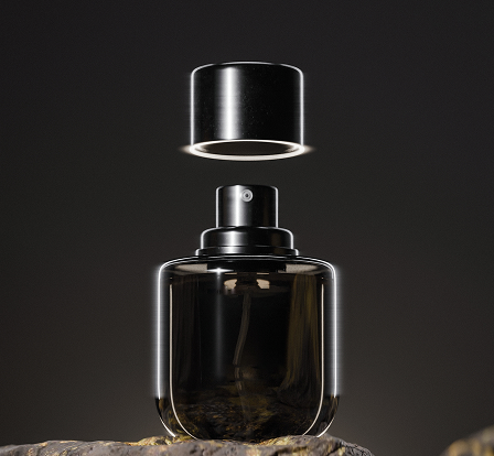 Black spray perfume bottle with its cap hovering above it on a dark background.
