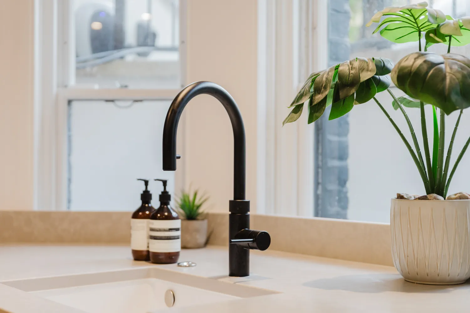 Close-up of a modern black kitchen faucet over a white sink on a beige countertop, with two amber pump bottles and a small potted plant in the background, and a larger potted leafy plant on the right side near a window.