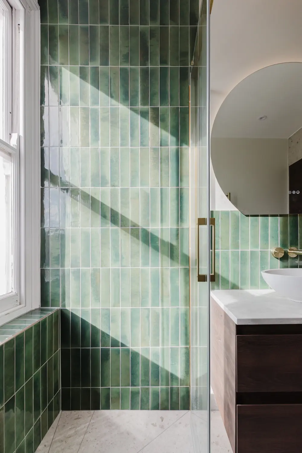 Completed bathroom showing the relationship between the shower and washing area
