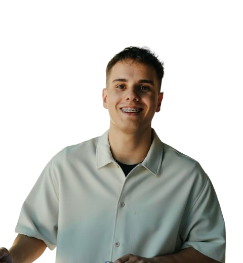 Smiling young man wearing braces and a light buttoned shirt against a transparent background.