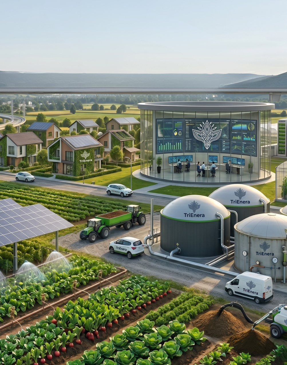 Sustainable farm with greenhouses, solar panels, tractors, and buildings marked TriEnera, showing modern agriculture and energy technology integration.