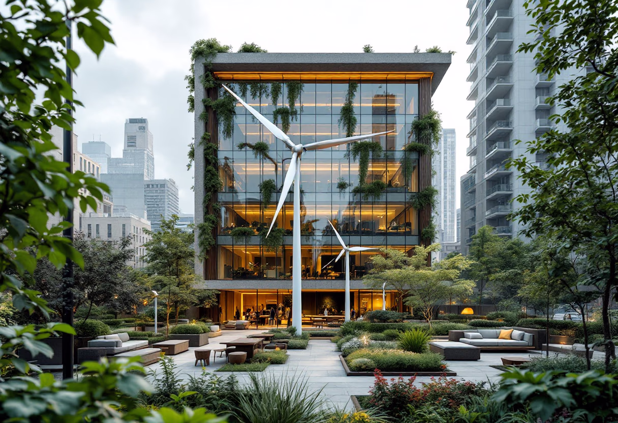 image of company headquarters in an ecofriendly city for a green tech/cleantech company