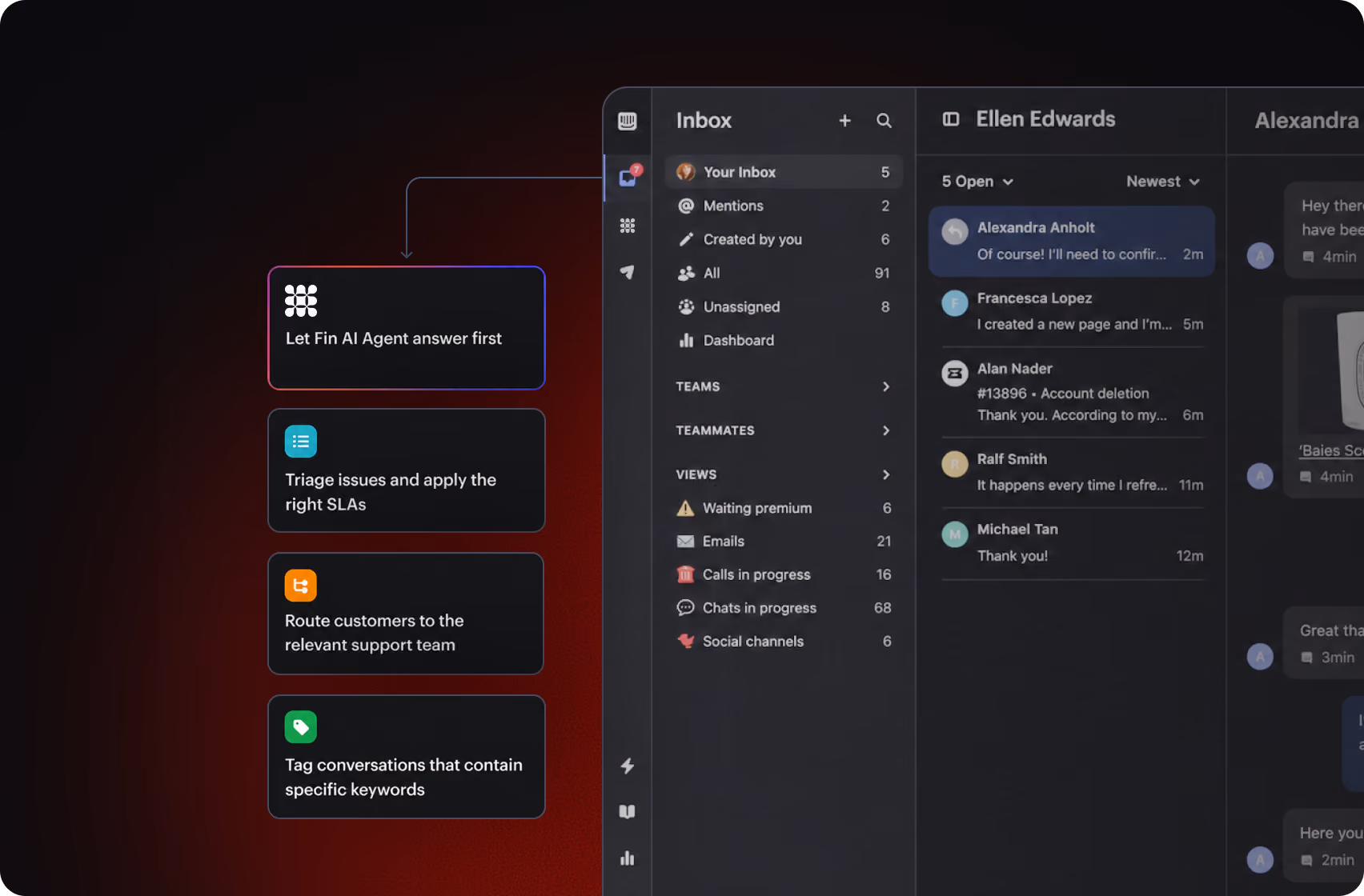 Dark-themed customer support inbox interface showing message threads, a premium tag alert, and status indicators for SLA and teammate reply times.