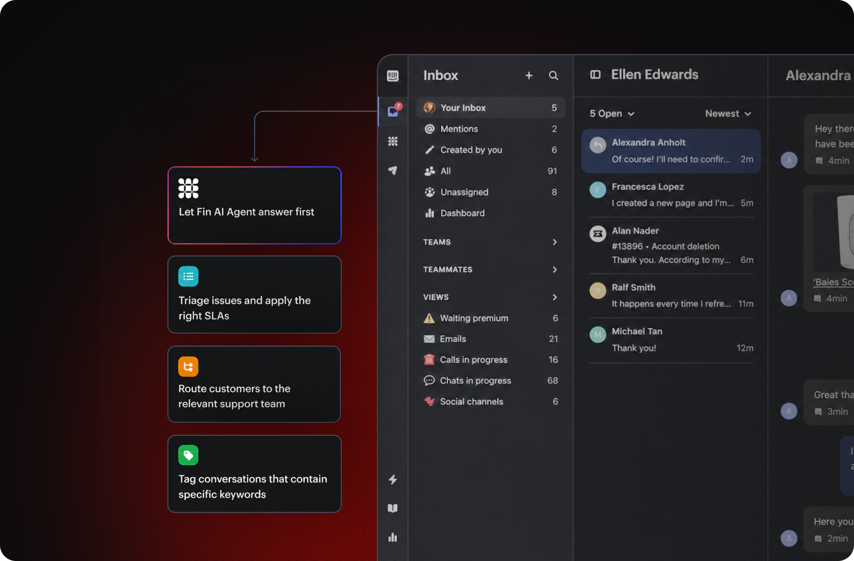 Dark-themed customer support inbox interface showing message threads, a premium tag alert, and status indicators for SLA and teammate reply times.
