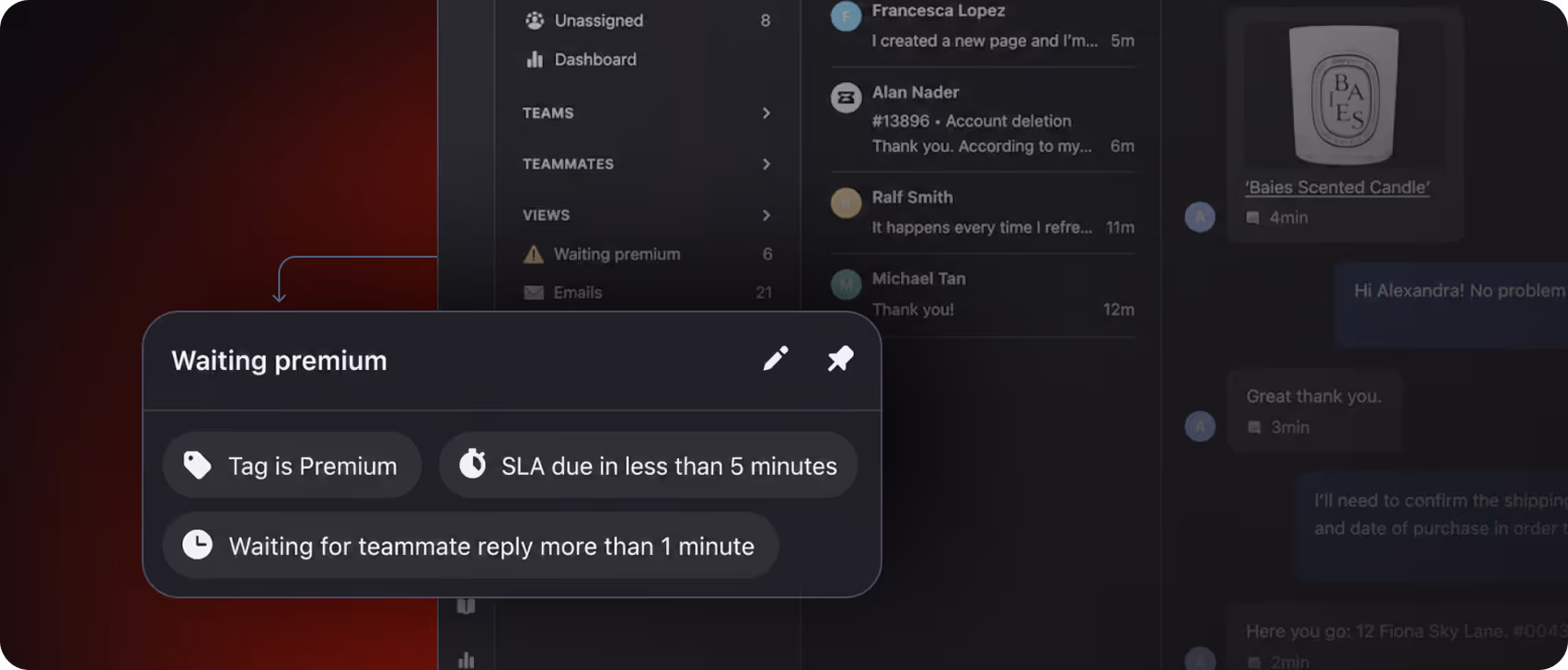 User interface showing a 'Waiting premium' status with tags indicating 'Premium', 'SLA due in less than 5 minutes', and 'Waiting for teammate reply more than 1 minute'.
