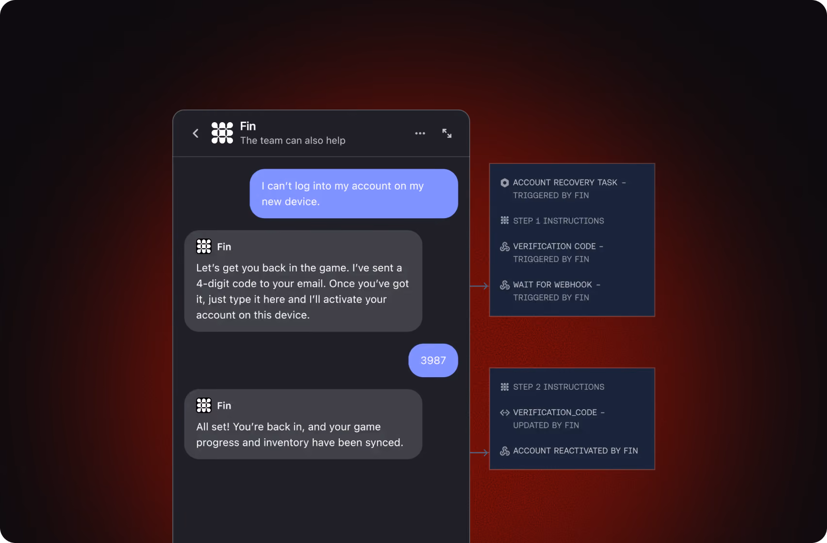 User interface showing a damaged order support workflow with instructions and a preview of a customer service chat about a spilled drink and refund request.