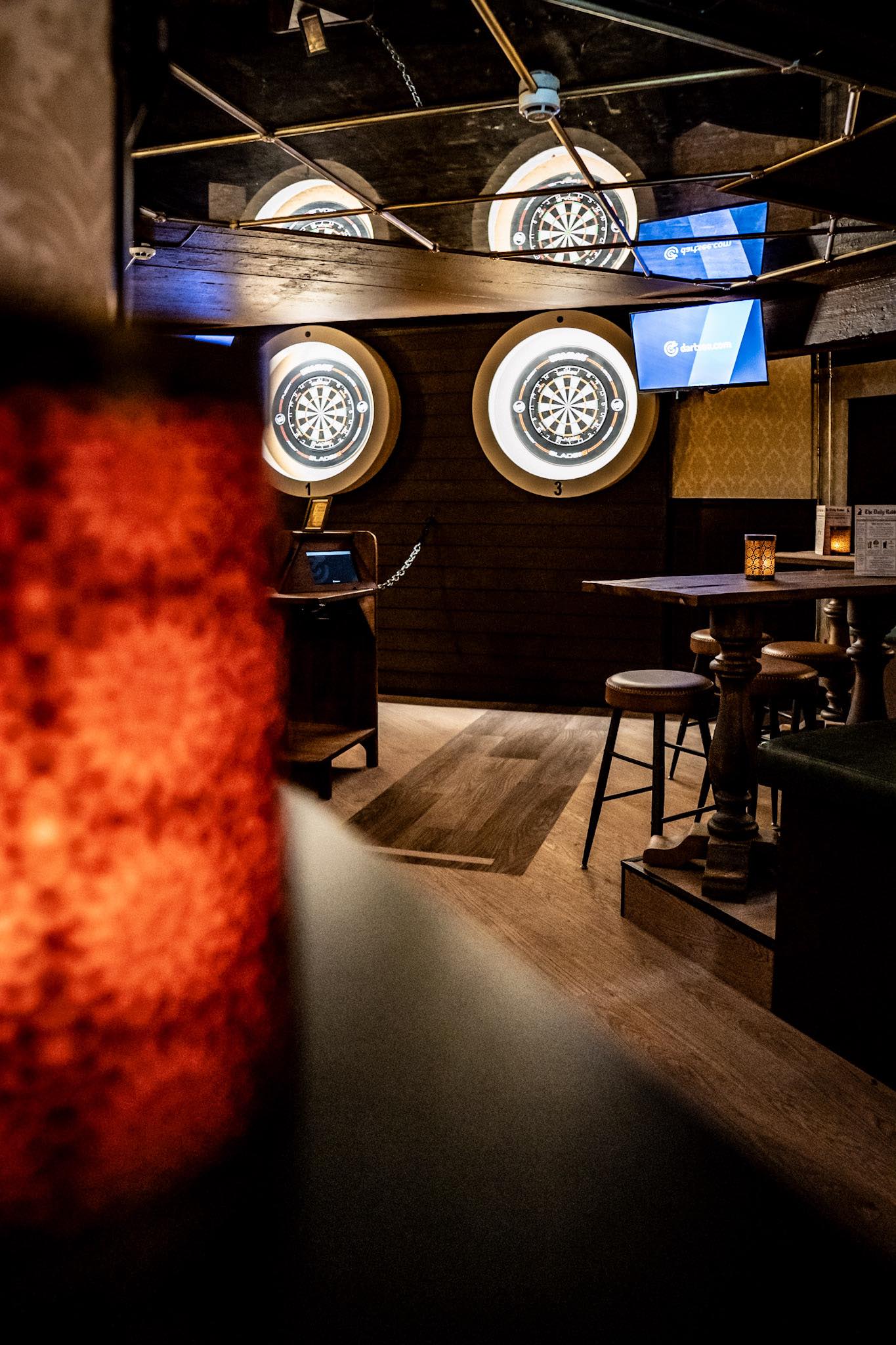 Smart Darts boards lit up at Red Rabbit Pub Oslo, electronic dartboards from Dartsee