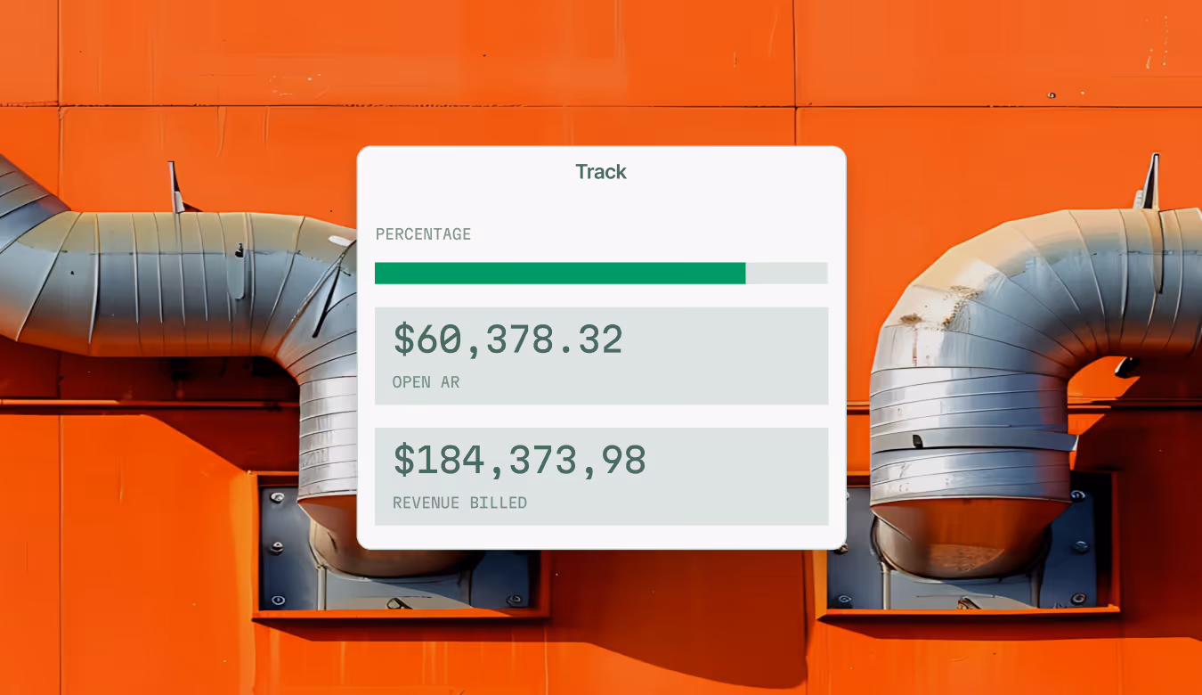 Dashboard widget with financial data showing $60,378.32 in open accounts receivable and $184,373.98 in revenue billed over an orange industrial background with ducts.