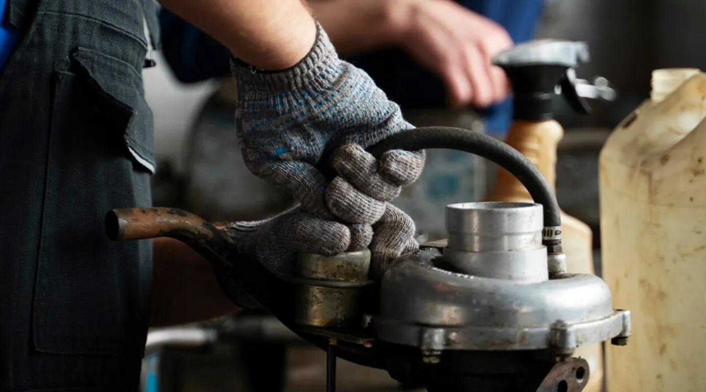 Person wearing gray work gloves handling a mechanical part with hose and metal components.