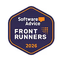 Hexagonal badge with text 'Software Advice Front Runners 2026' and an orange star icon.