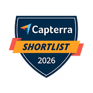 Capterra Shortlist 2026 badge in blue, orange, and red.