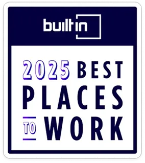 Built In 2025 Best Places to Work badge with white and blue colors.