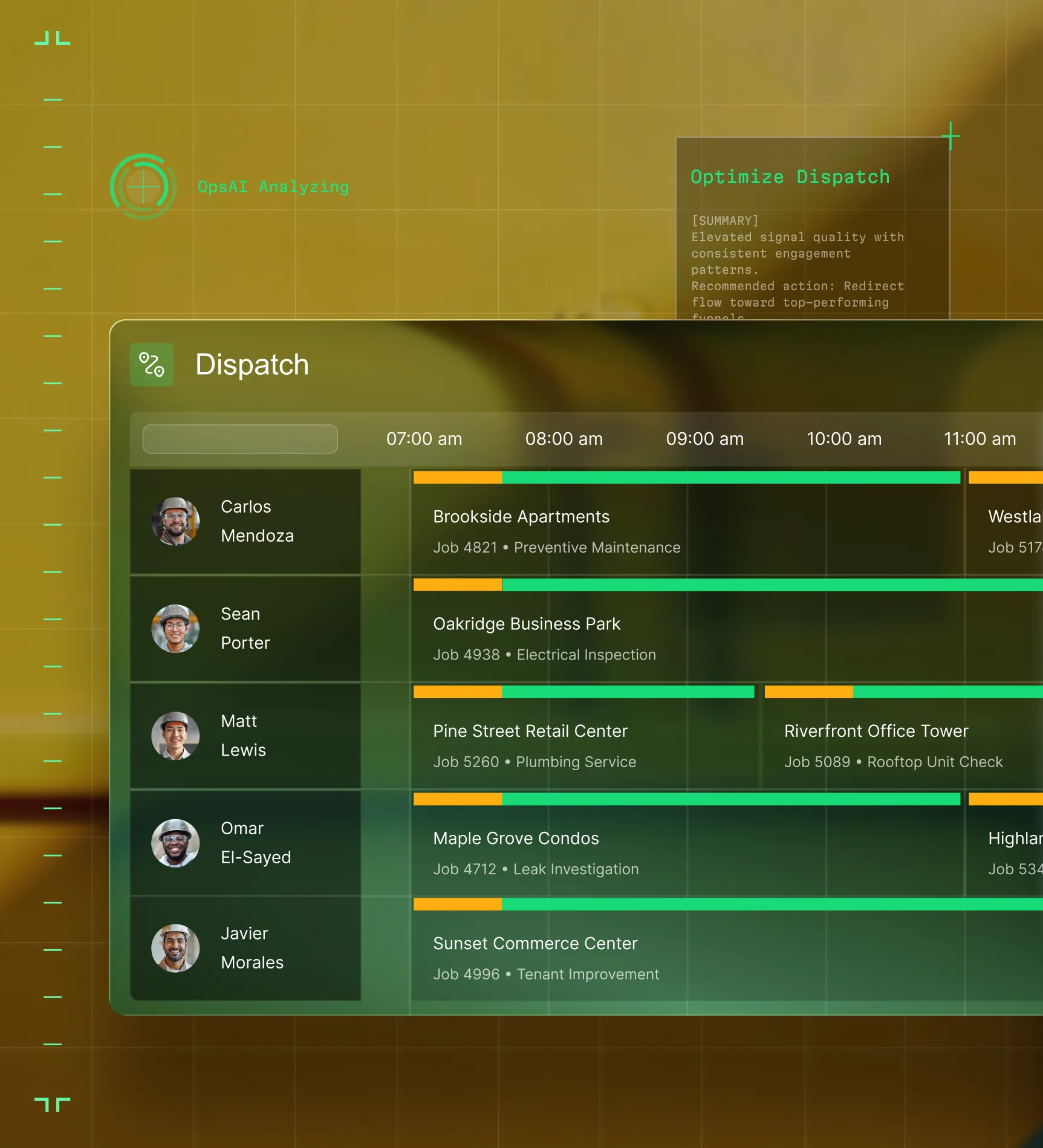 Dispatch schedule interface showing employee photos and names with job visits timeline from 7 am to 11 am.