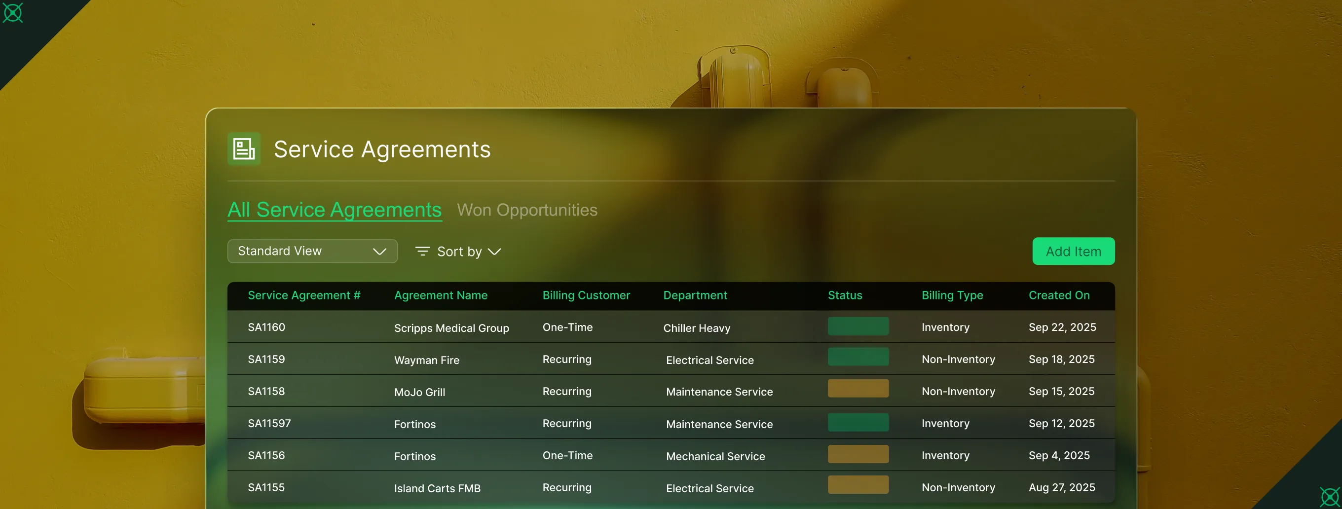 Table listing service agreements with columns for agreement number, name, billing customer, department, status, billing type, and creation date.