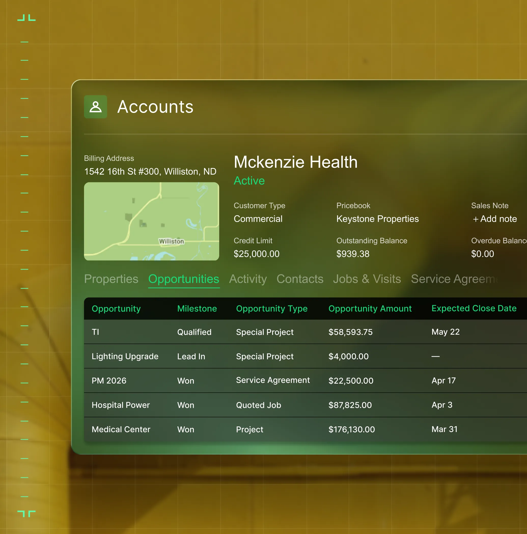 Account details for Mckenzie Health with billing address in Williston, ND, showing customer type commercial, credit limit $25,000, outstanding balance $939.38, and a table of opportunities including projects and service agreements with amounts and expected close dates.