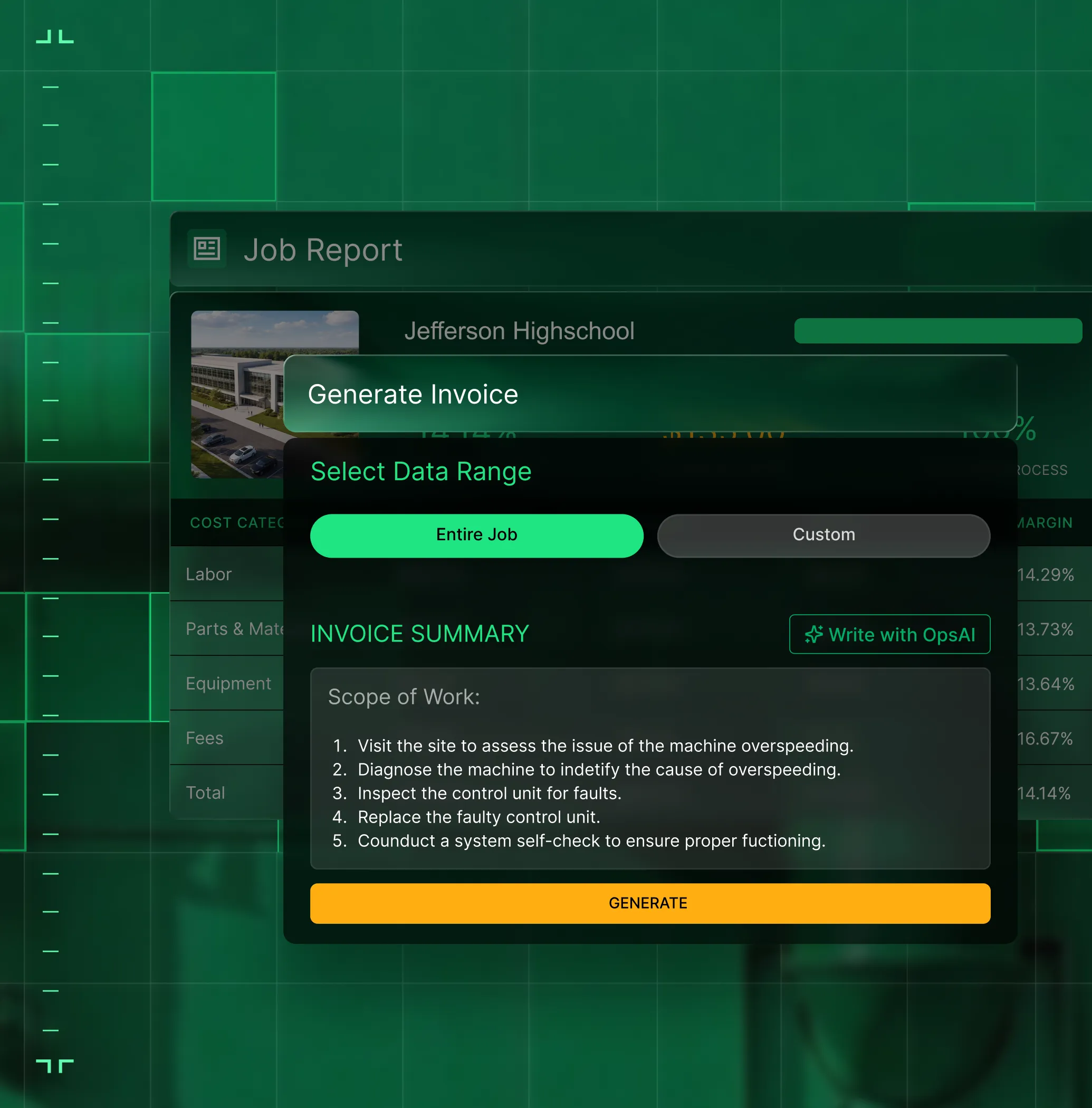 Software interface for generating an invoice summary with options to select data range, a job label 'Jefferson Highschool', and a scope of work listing five tasks related to machine overspeeding issue.
