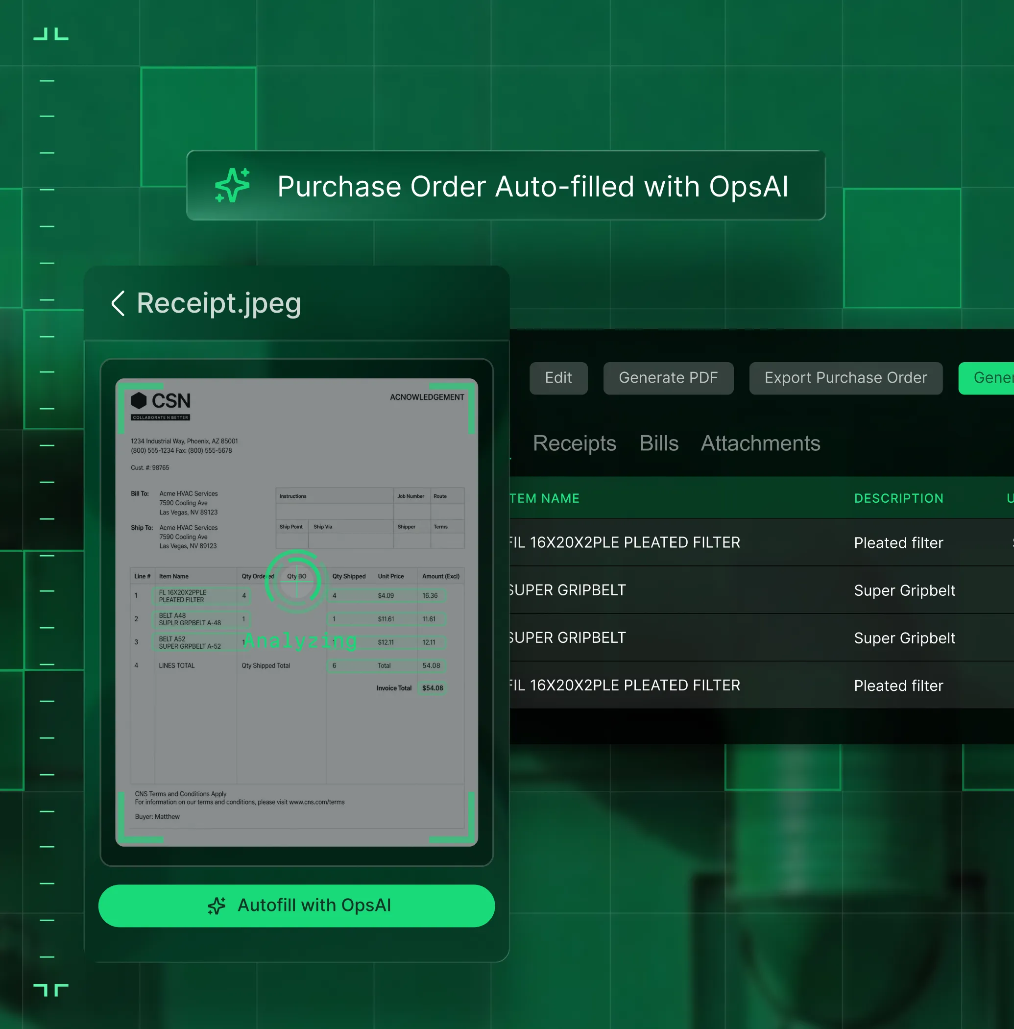 Digital interface showing a receipt being analyzed and a purchase order auto-filled with OpsAI, featuring product details and autofill button.