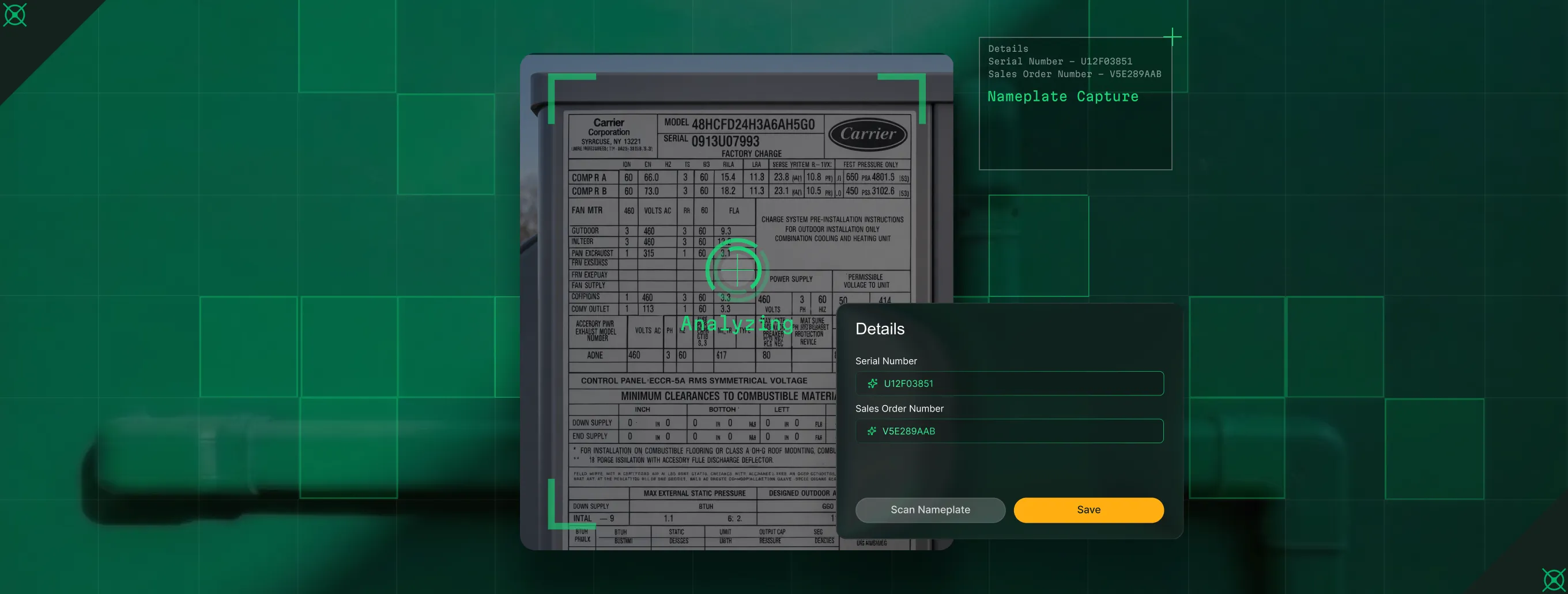 Digital interface capturing and analyzing a nameplate on a Carrier device, displaying serial and sales order numbers with options to scan and save.