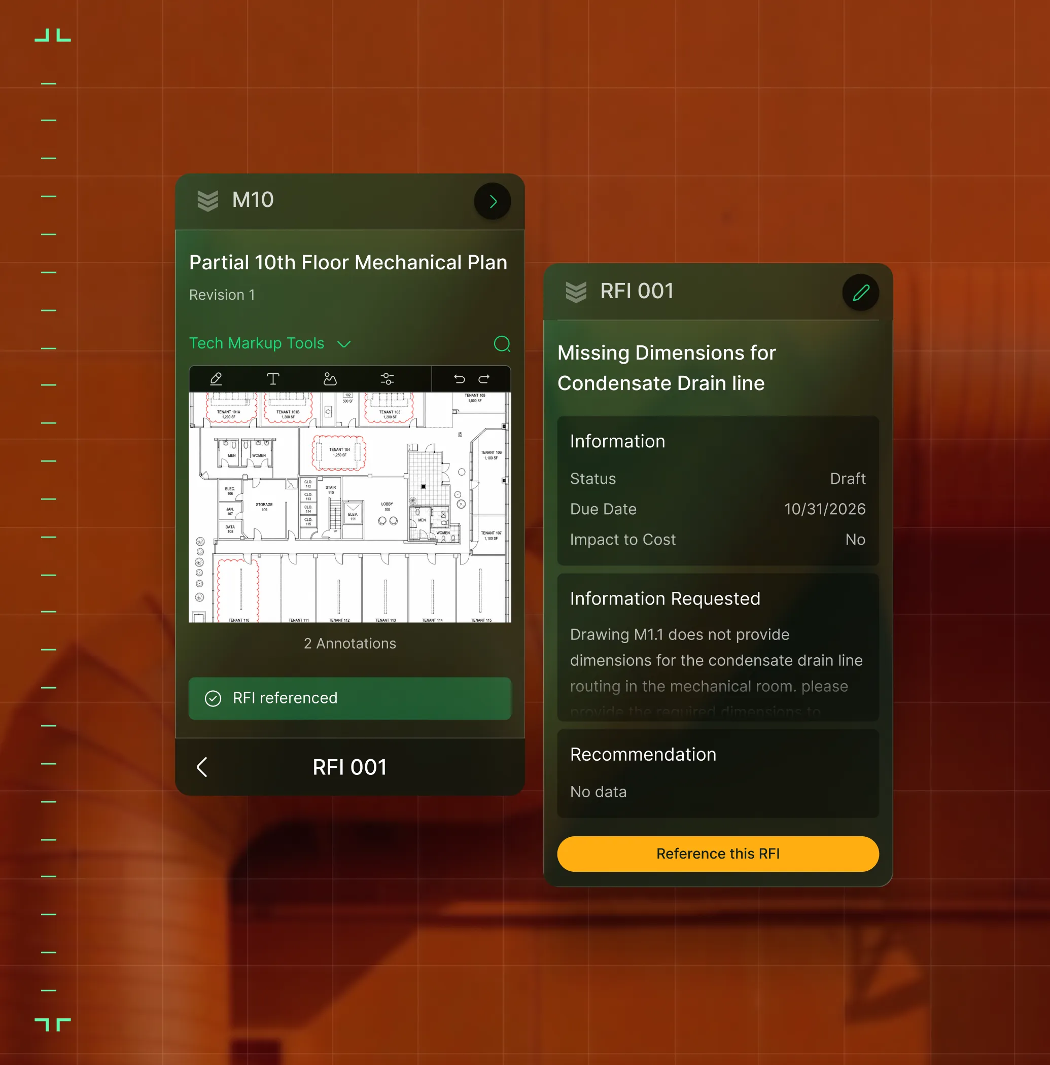 Two digital project management cards showing details for a mechanical floor plan and a request for information on missing dimensions for a condensate drain line.