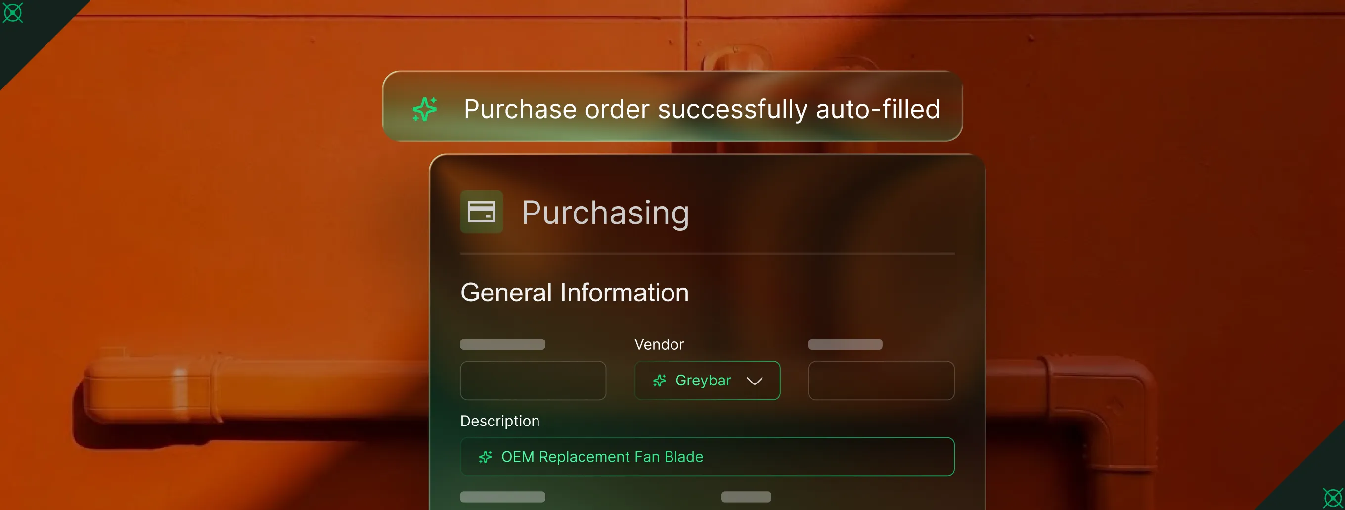 User interface of a purchasing system showing a purchase order successfully auto-filled with vendor Greybar and description OEM Replacement Fan Blade, on an orange industrial pipe background.
