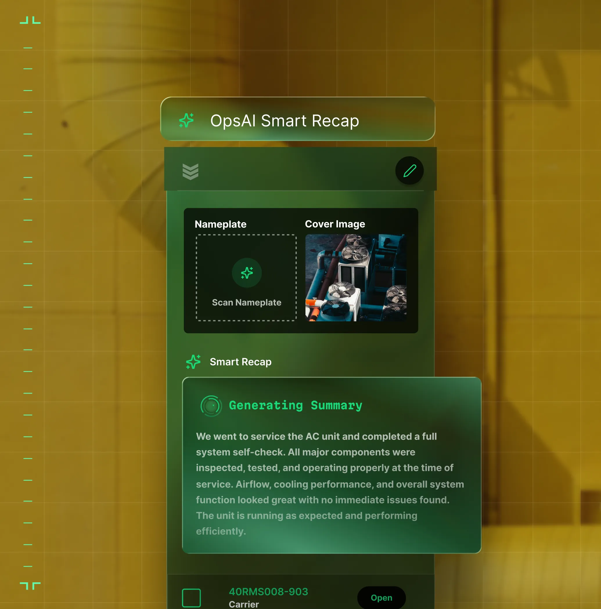 OpsAI Smart Recap interface showing an option to scan a nameplate, a cover image of air conditioning units, and a generated summary report about servicing an AC unit.