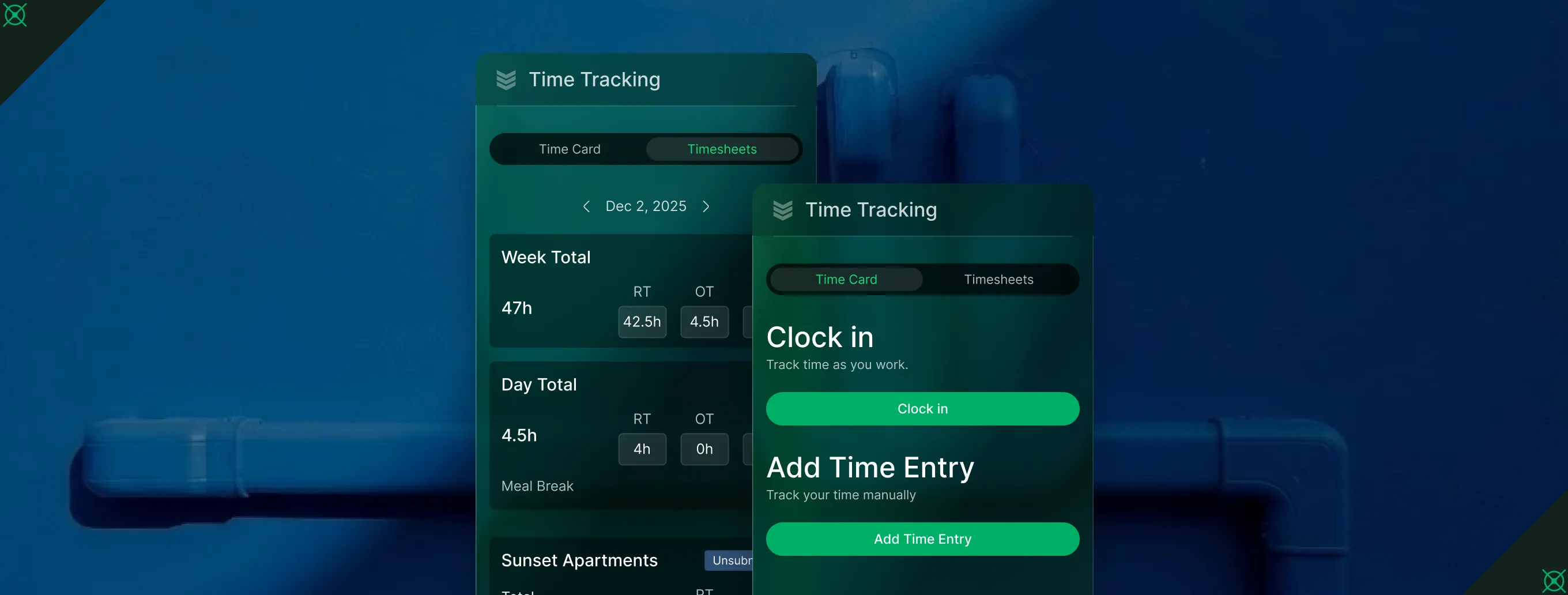 User interface of a time tracking app showing weekly and daily hour totals, clock-in button, and add time entry option against a blue pipe background.