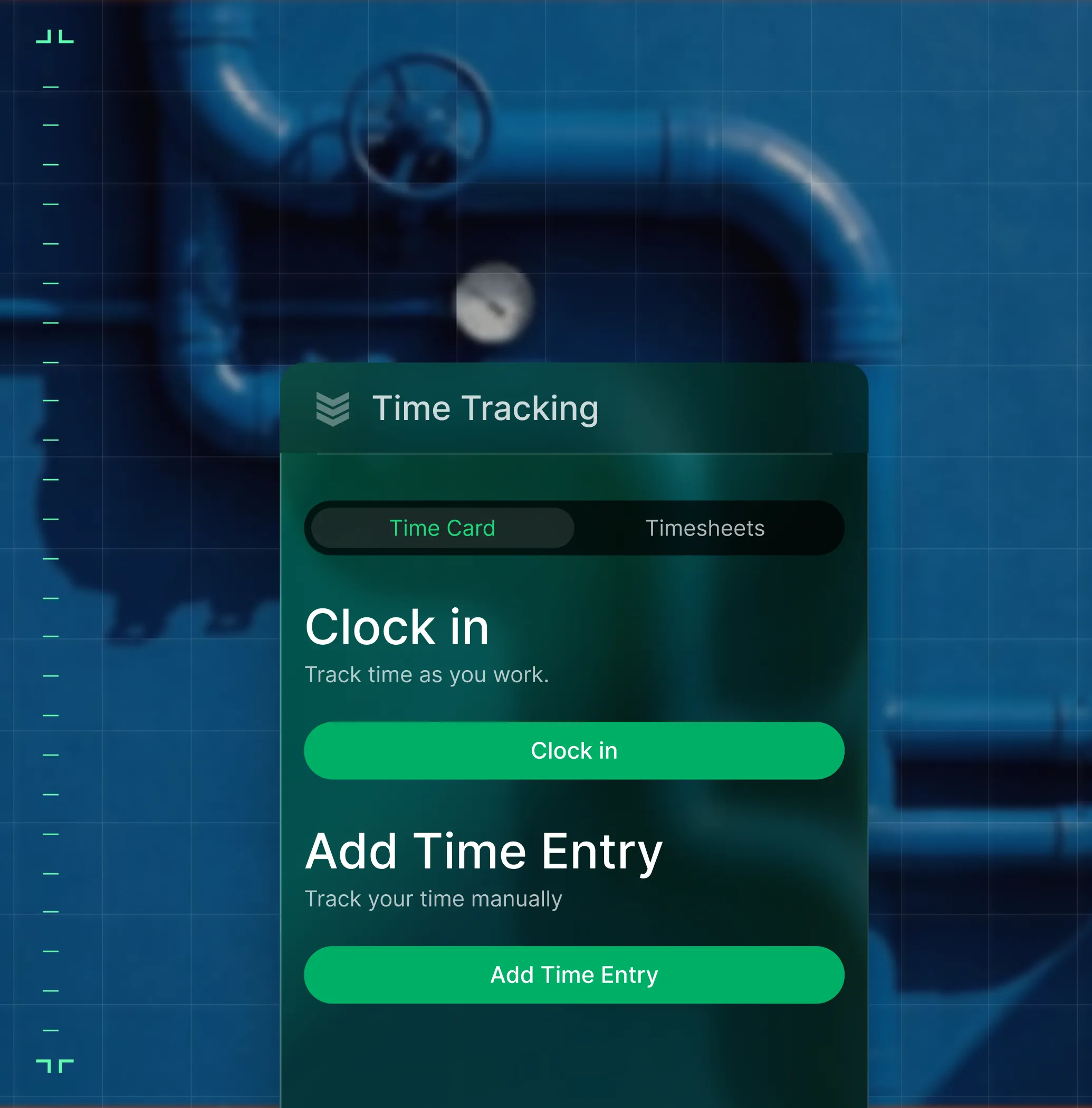 Mobile app screen for time tracking with options to clock in or manually add time entries.