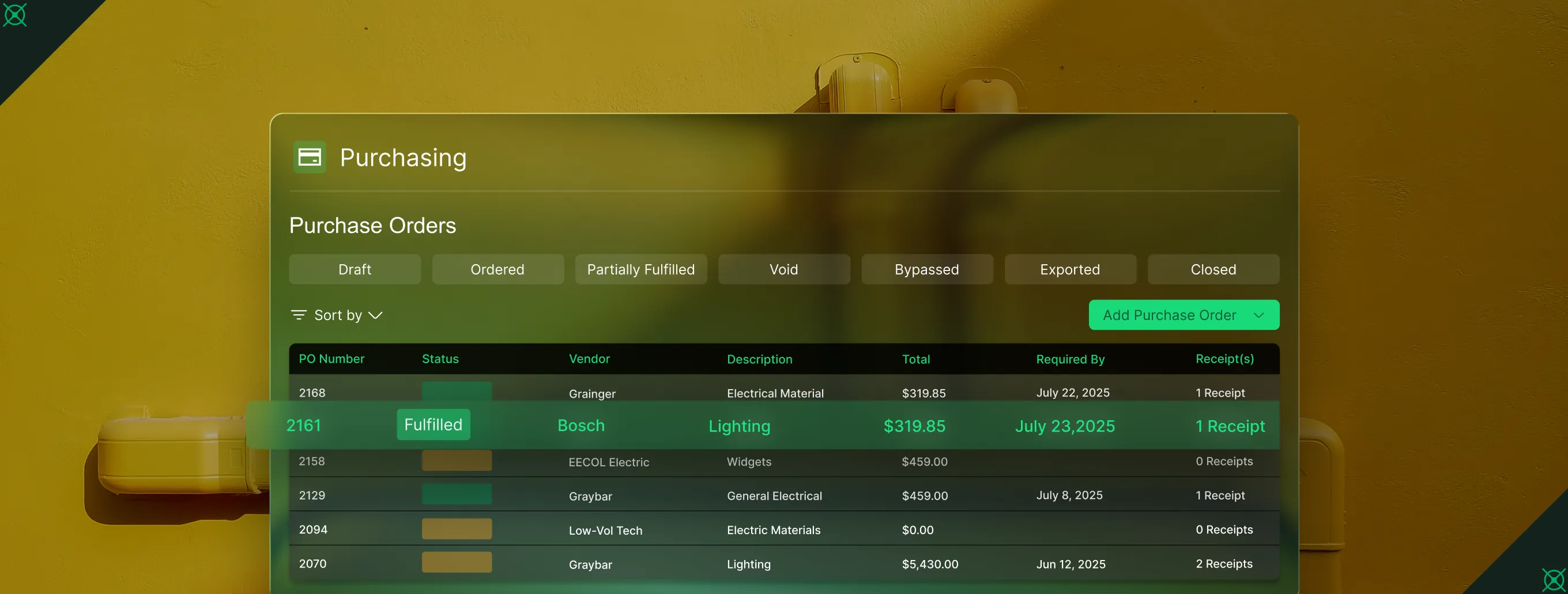 Digital purchasing dashboard showing purchase orders with statuses, vendors, descriptions, totals, required dates, and receipts, highlighted row for order 2161 fulfilled by Bosch for lighting.