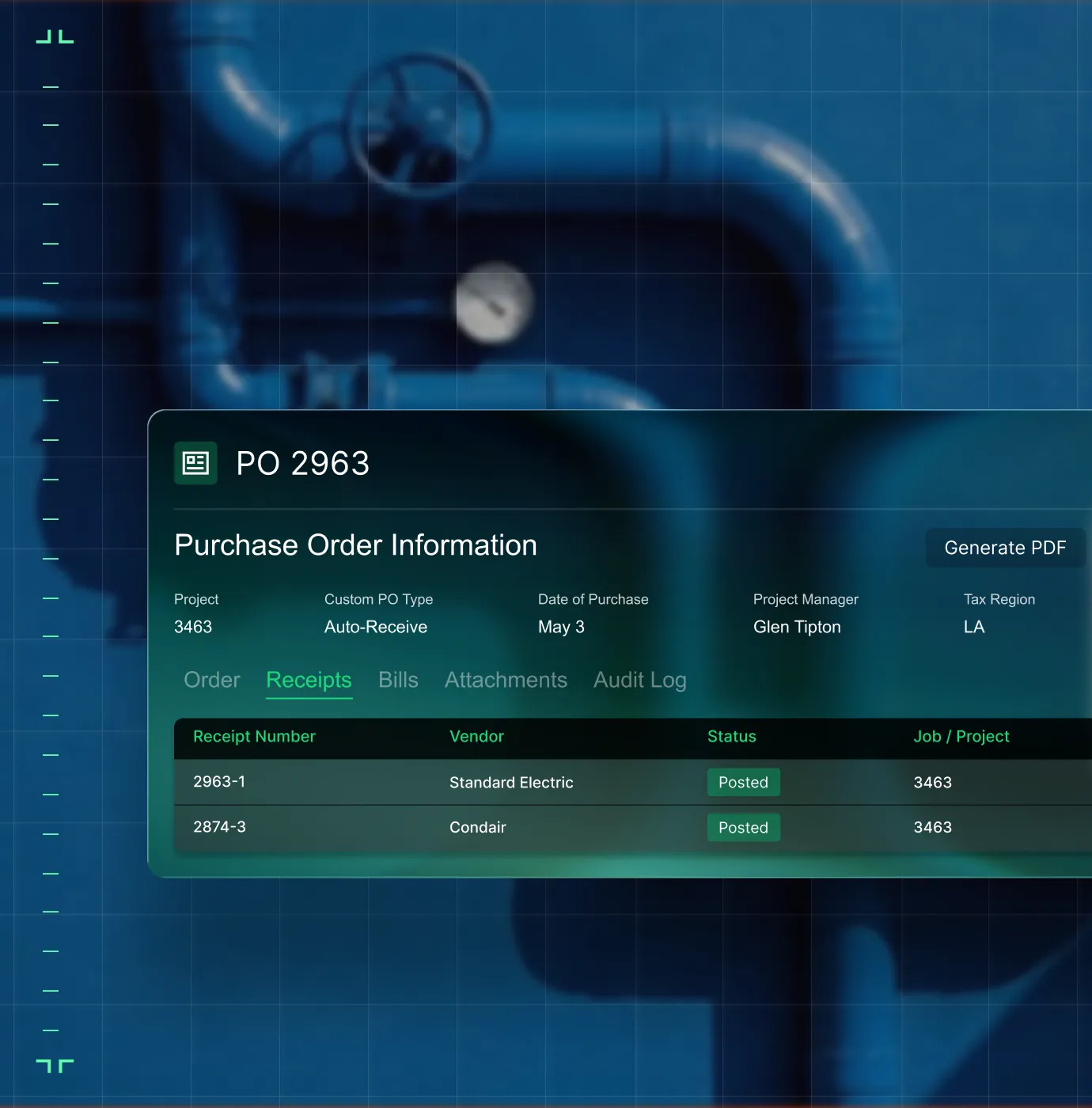 Purchase Order PO 2963 details showing project 3463, auto-receive PO type, purchase date May 3, project manager Glen Tipton, tax region LA, and receipts from Standard Electric and Condair both posted.