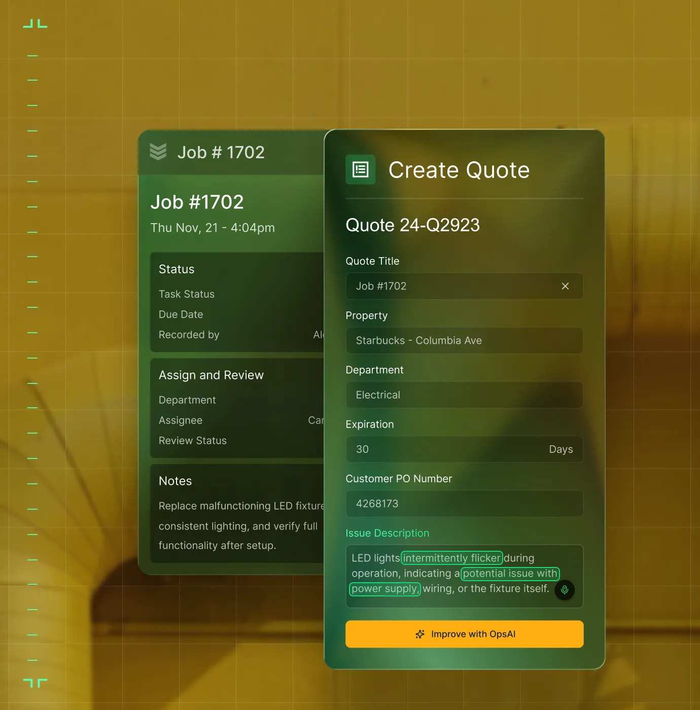 User interface showing job details for Job #1702 with status, assignment, notes, and a popup form titled Create Quote with fields for quote title, property, department, expiration, customer PO number, and issue description about flickering LED lights.