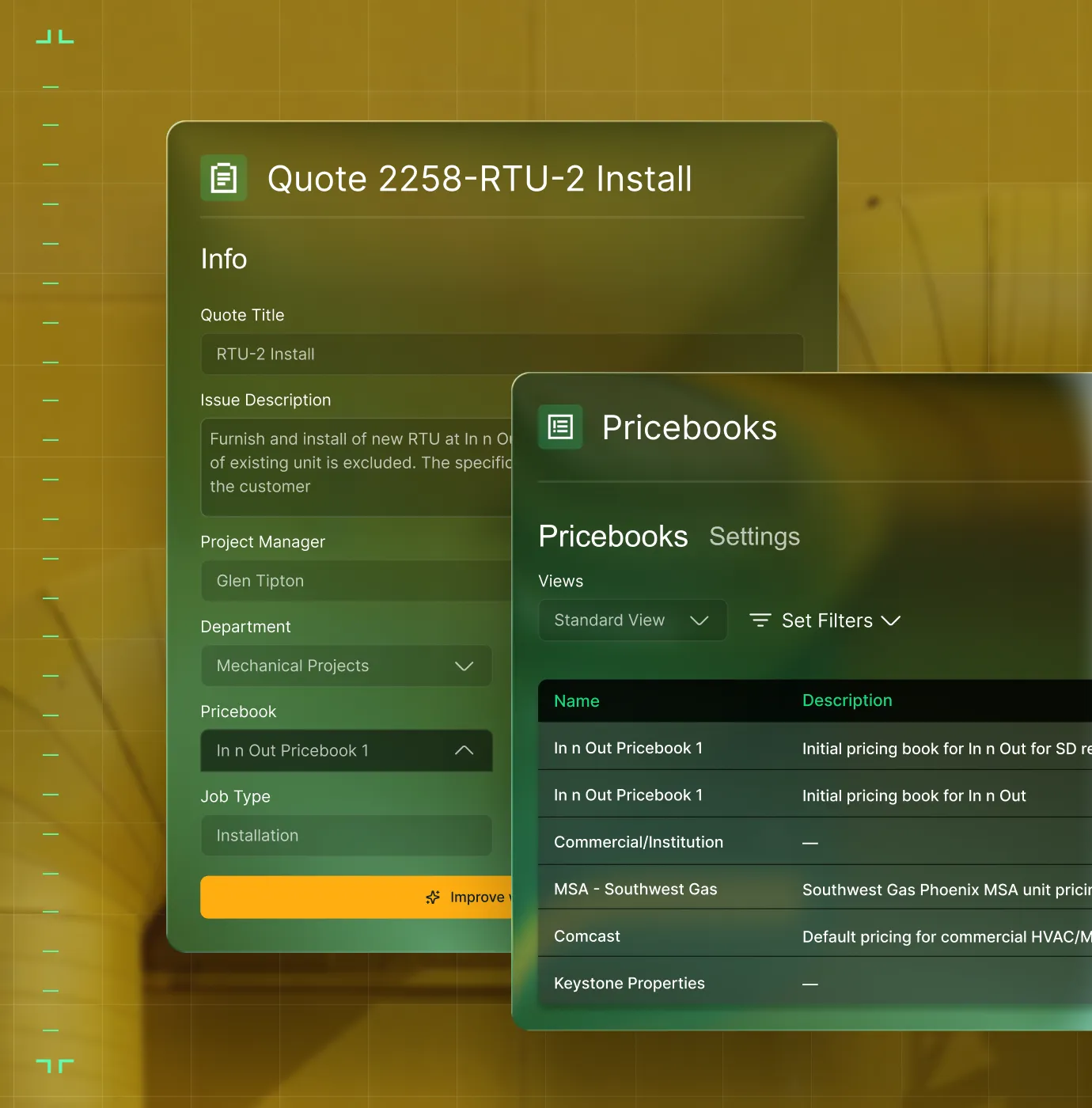 User interface showing a quote titled '2258-RTU-2 Install' with project details and a pricebook management screen listing pricing books like 'In n Out Pricebook 1' and 'MSA - Southwest Gas'.
