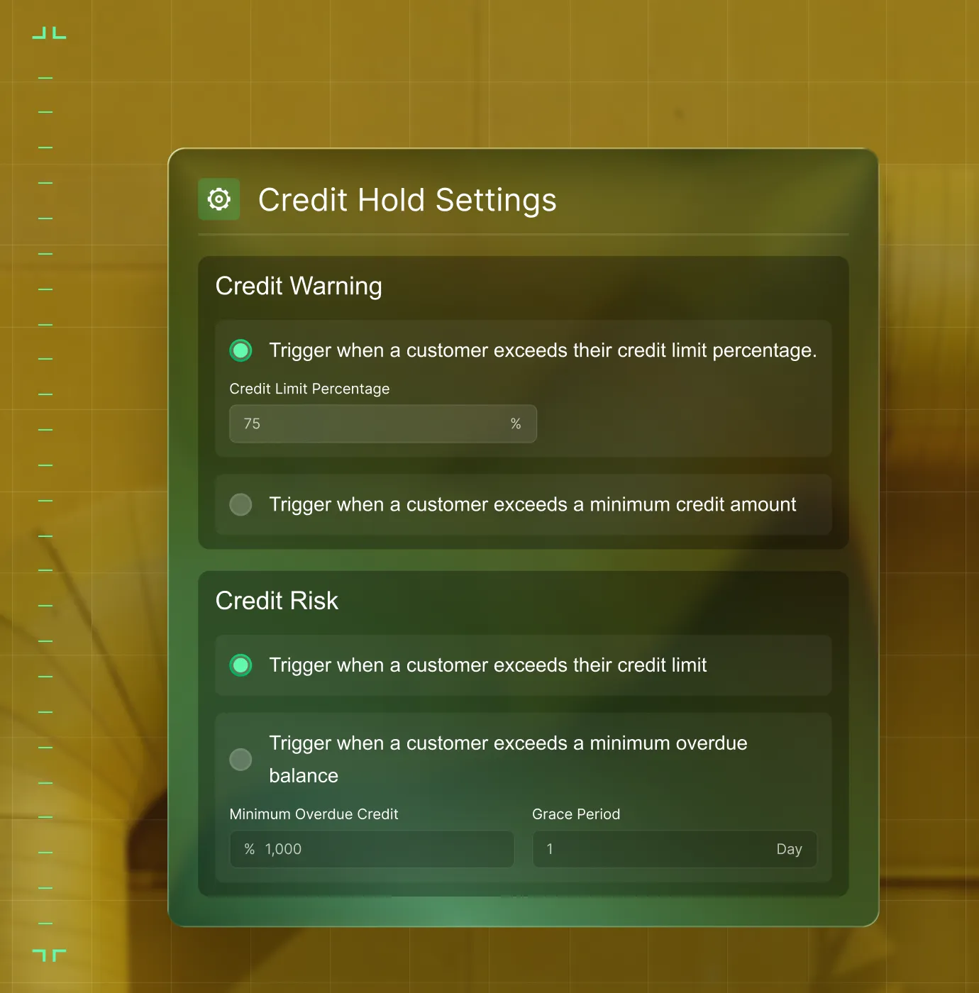 Credit Hold Settings interface with options for Credit Warning and Credit Risk, including triggers for credit limit percentage, minimum credit amount, credit limit, and overdue balance with grace period.