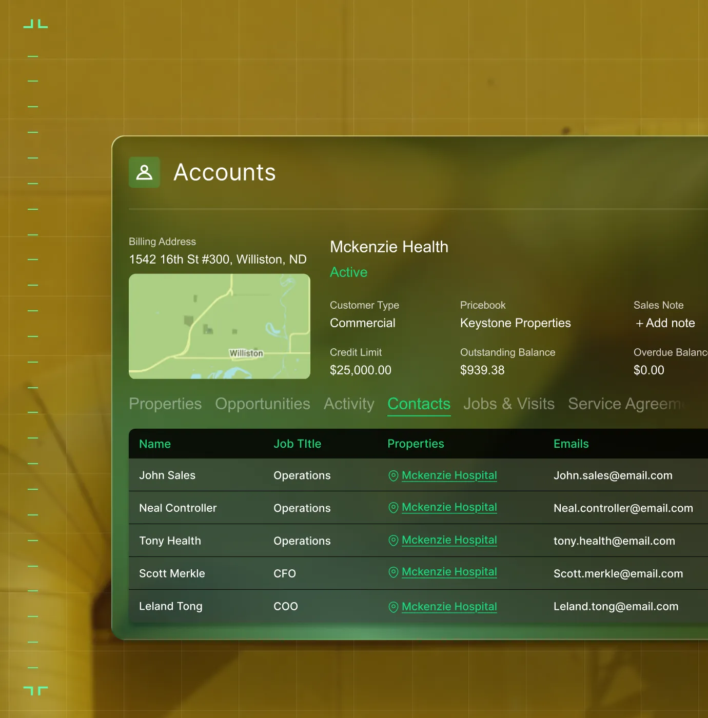 User interface panel showing account details for Mckenzie Health with billing address, customer type, credit limit, outstanding balance, and list of contacts with their job titles, properties, and email addresses.