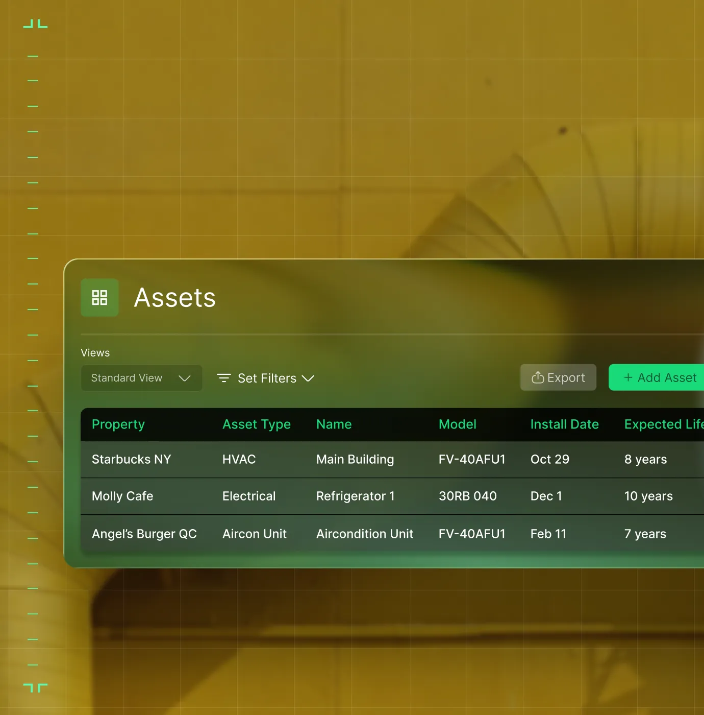Software interface showing an asset management table listing properties, asset types, names, models, install dates, and expected lifespans for three assets.
