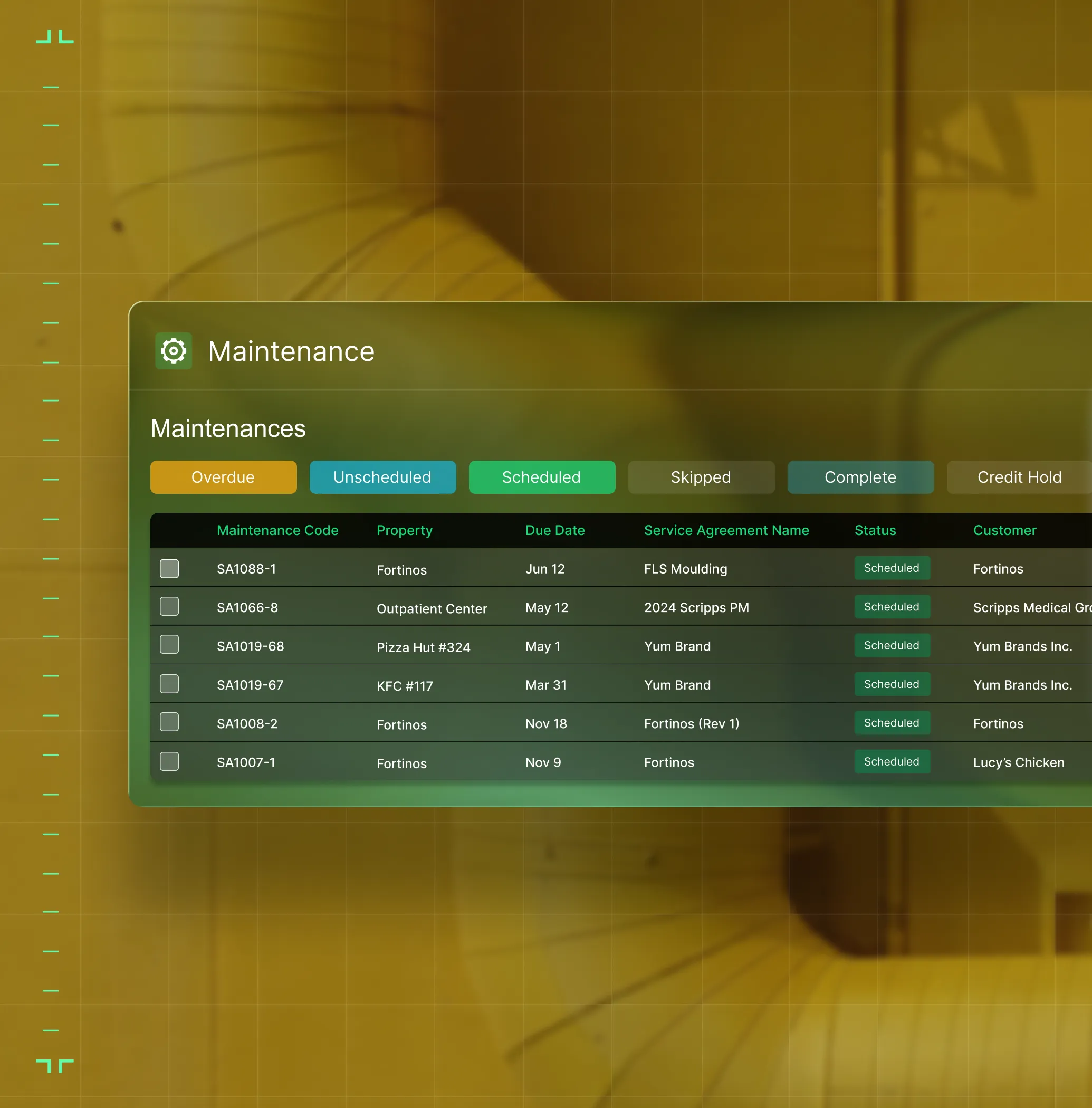 Digital maintenance dashboard showing a list of maintenance tasks with codes, properties, due dates, service agreements, status marked as scheduled, and customer names.