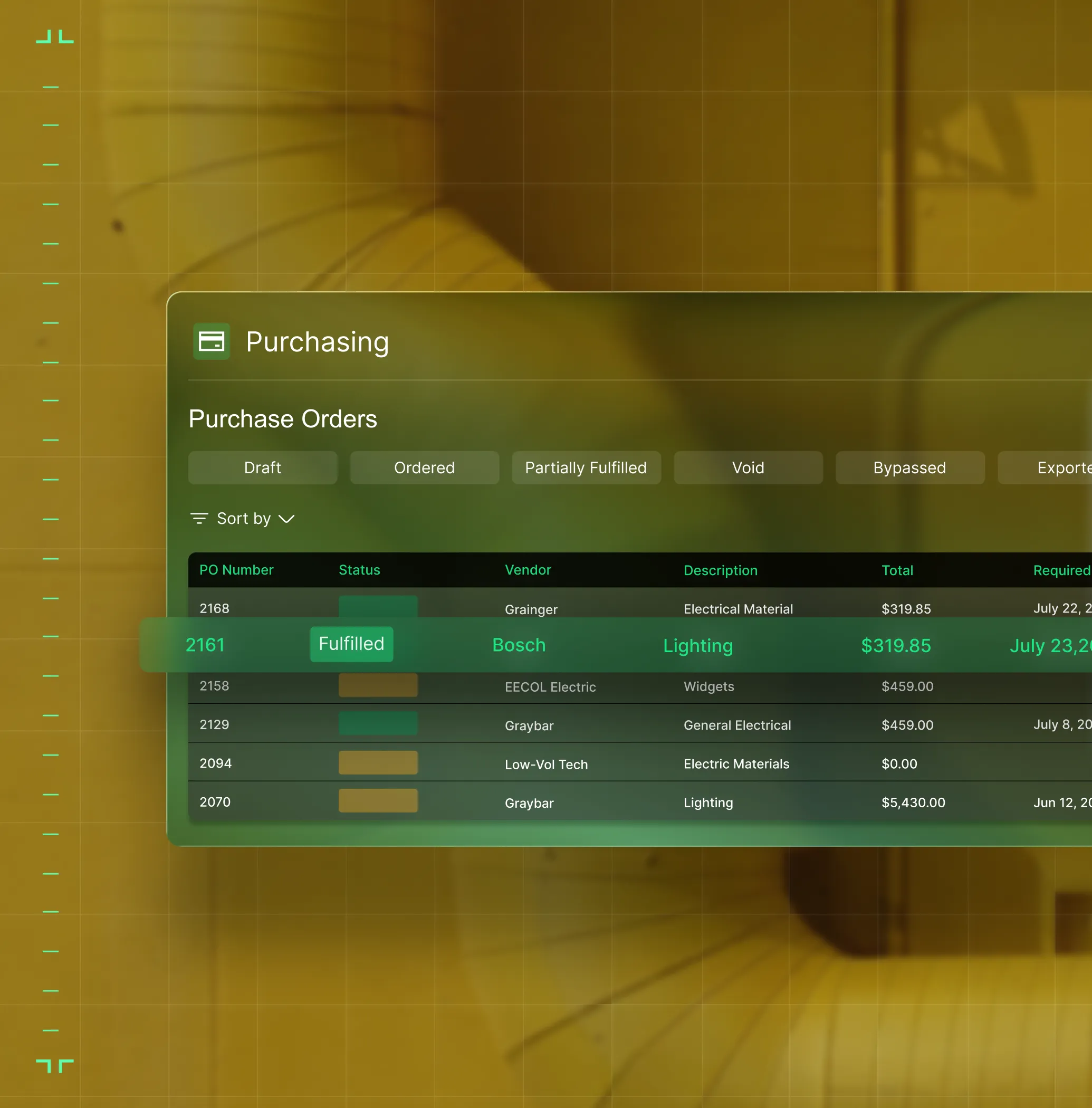 Screen showing a purchase orders table with filters such as draft, ordered, and fulfilled, highlighting a fulfilled order from Bosch for lighting totaling $319.85.