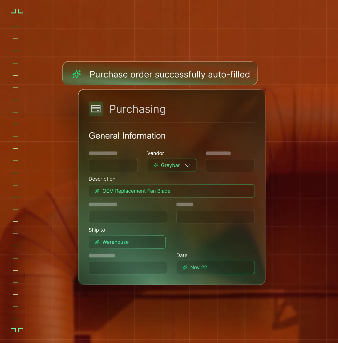 User interface screen showing a purchasing form with auto-filled fields for vendor Greybar, description OEM Replacement Fan Blade, shipping to Warehouse, and date Nov 22.