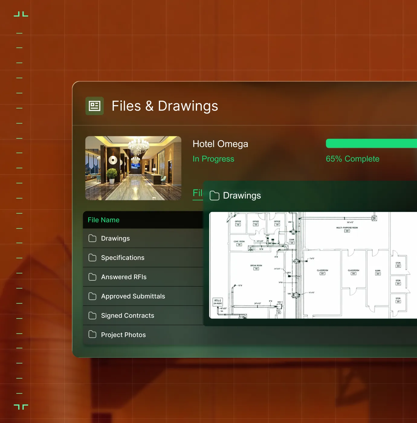 Project file management interface showing folders for Drawings, Specifications, Answered RFIs, Approved Submittals, Signed Contracts, and Project Photos, with a hotel lobby image and progress bar at 65% complete.