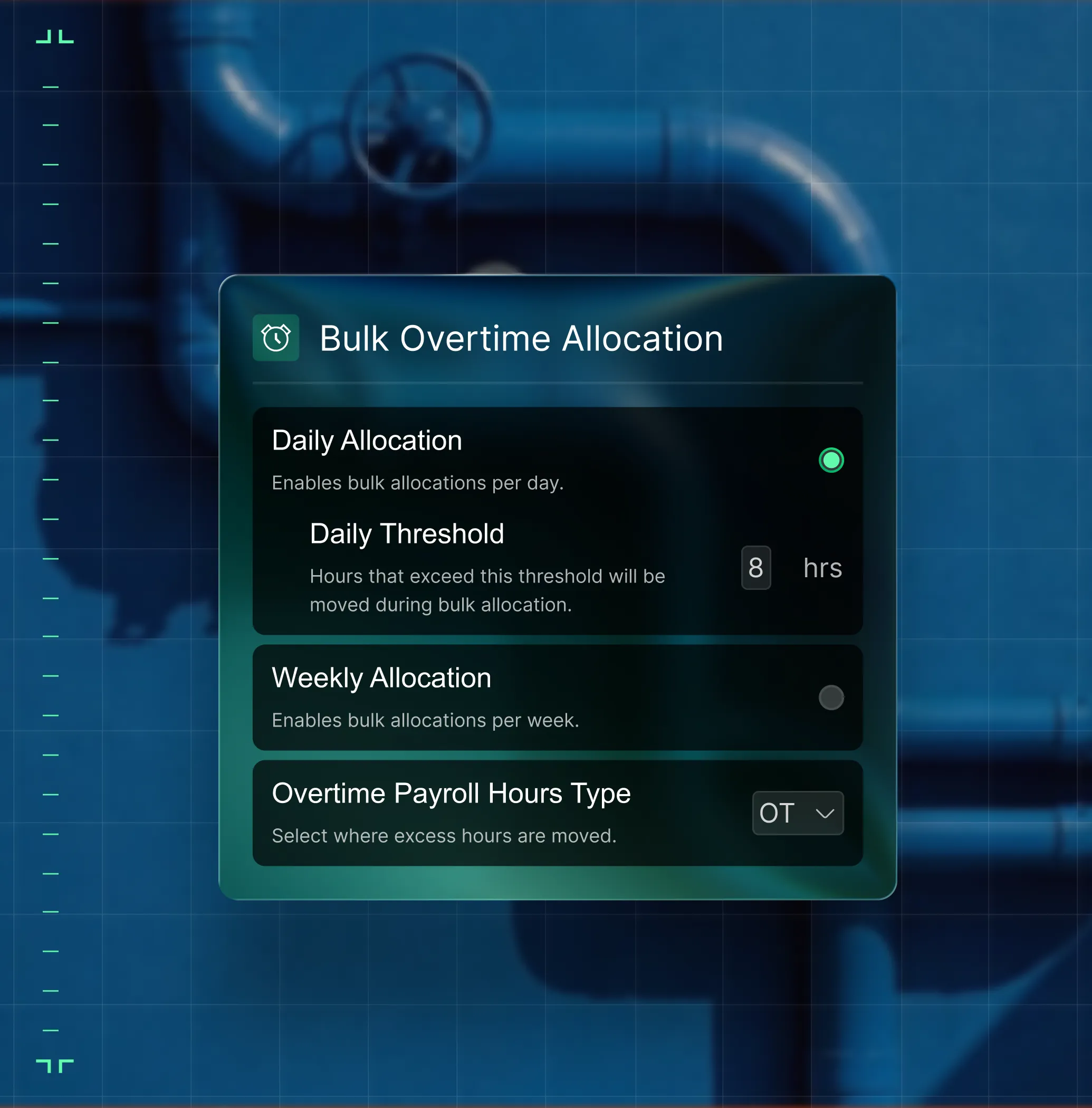 User interface screen for bulk overtime allocation with options for daily allocation, daily threshold set to 8 hours, weekly allocation, and overtime payroll hours type selection.