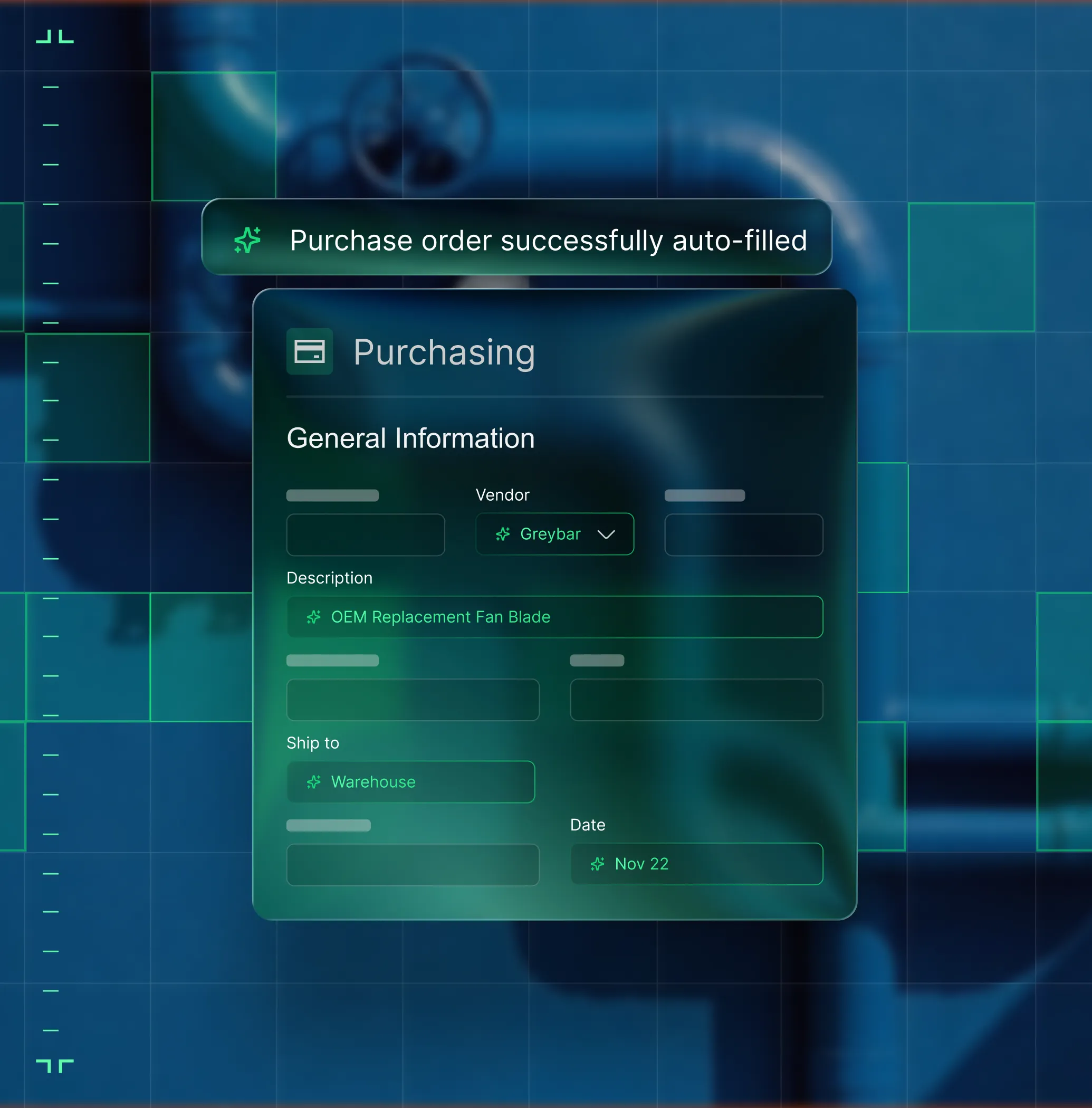 Finance software interface showing a purchasing form with vendor Greybar, description OEM Replacement Fan Blade, shipping to Warehouse, and date Nov 22, with a confirmation message for successful auto-fill of purchase order.