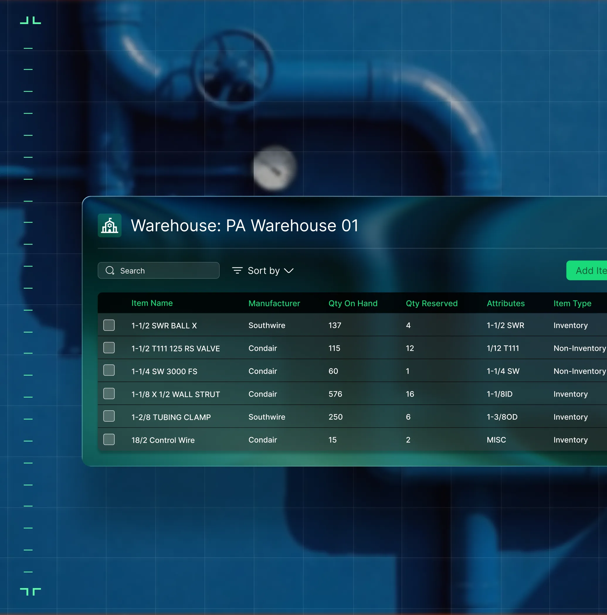 Inventory management screen showing item details including name, manufacturer, quantity on hand, reserved quantity, attributes, and item type for PA Warehouse 01.