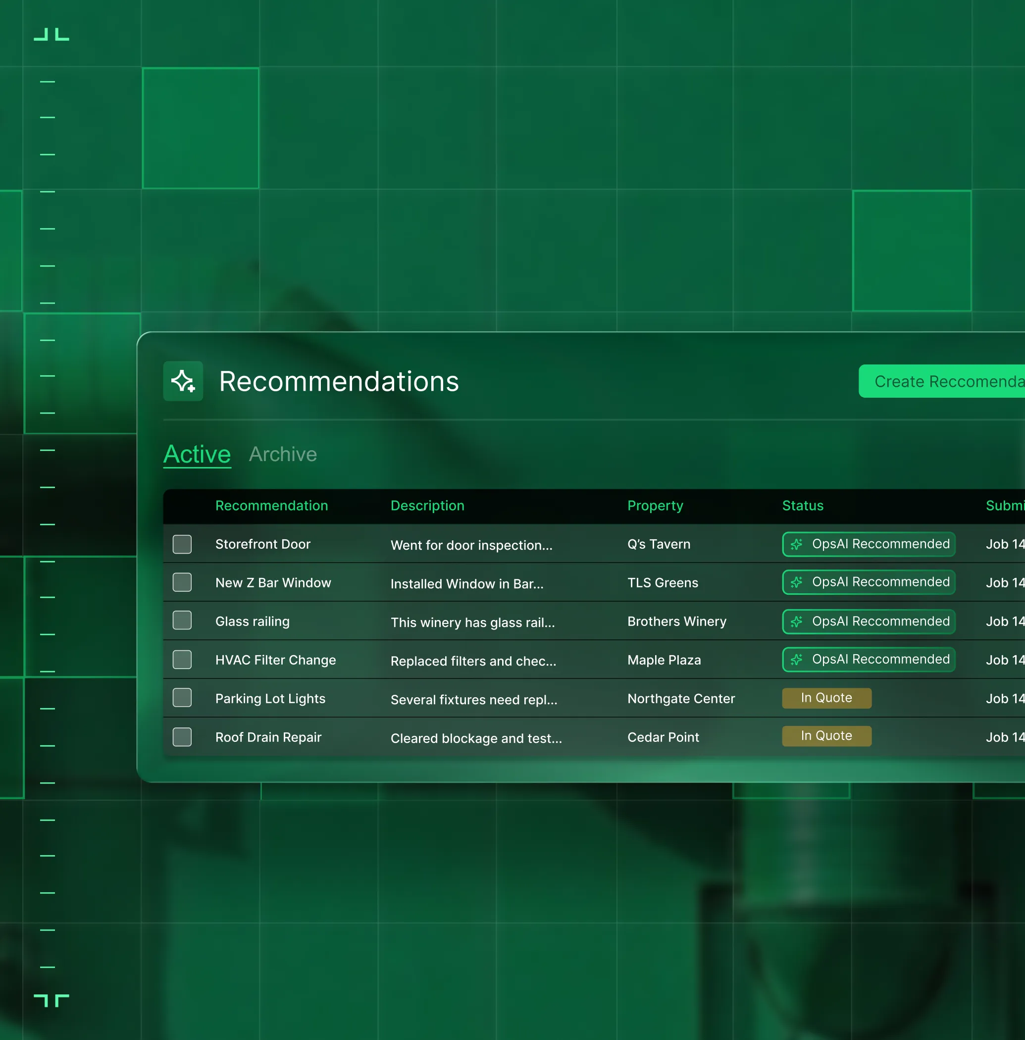 Digital screen displaying a recommendations dashboard with active maintenance tasks for properties including storefront door, window, glass railing, HVAC filter, parking lot lights, and roof drain repair.