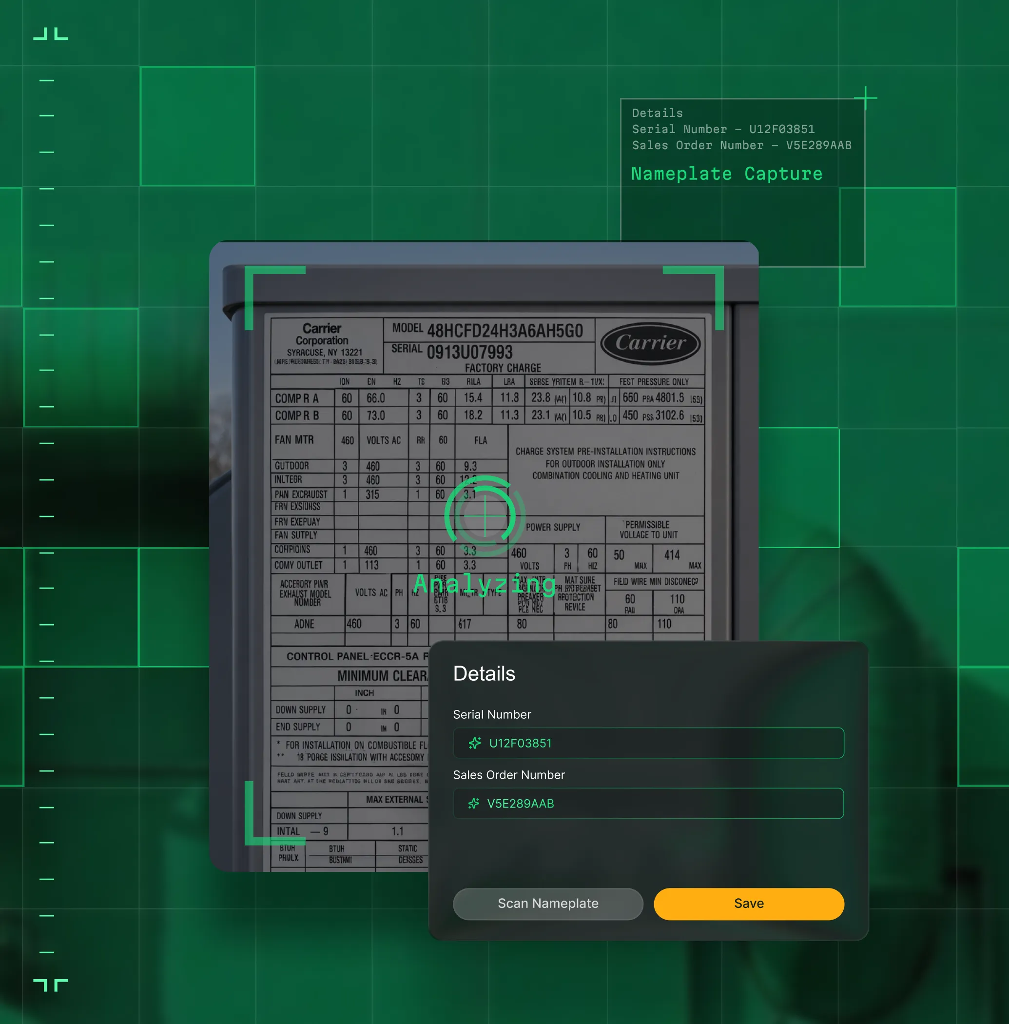 Digital interface analyzing a Carrier nameplate on equipment with serial number U12F03851 and sales order number V5E289AAB displayed for scanning and saving.