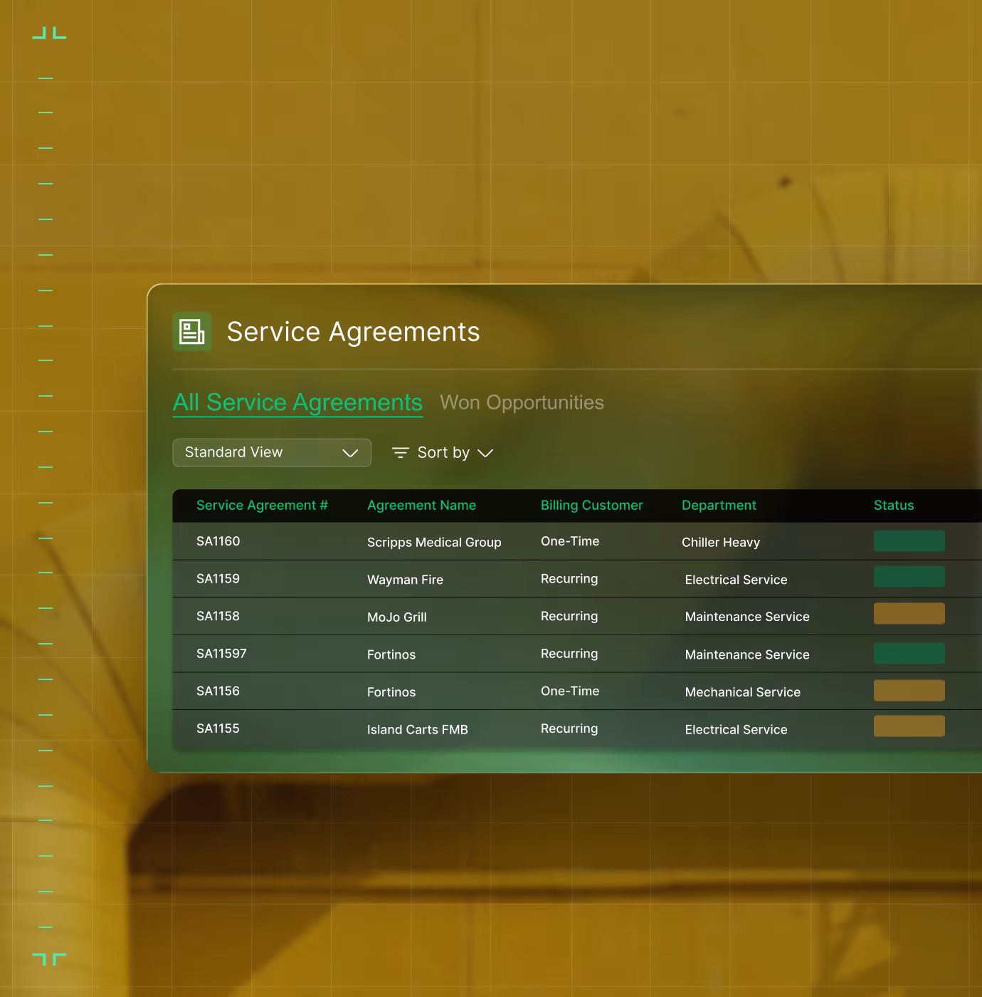 Table showing service agreements with columns for service agreement number, agreement name, billing customer, department, and status with color-coded status bars.