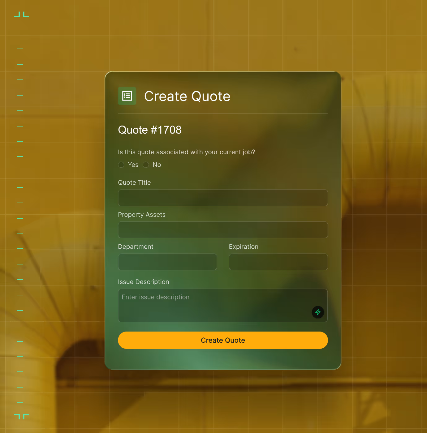 User interface form titled 'Create Quote' with fields for quote association, title, property assets, department, expiration, and issue description, plus a yellow Create Quote button.