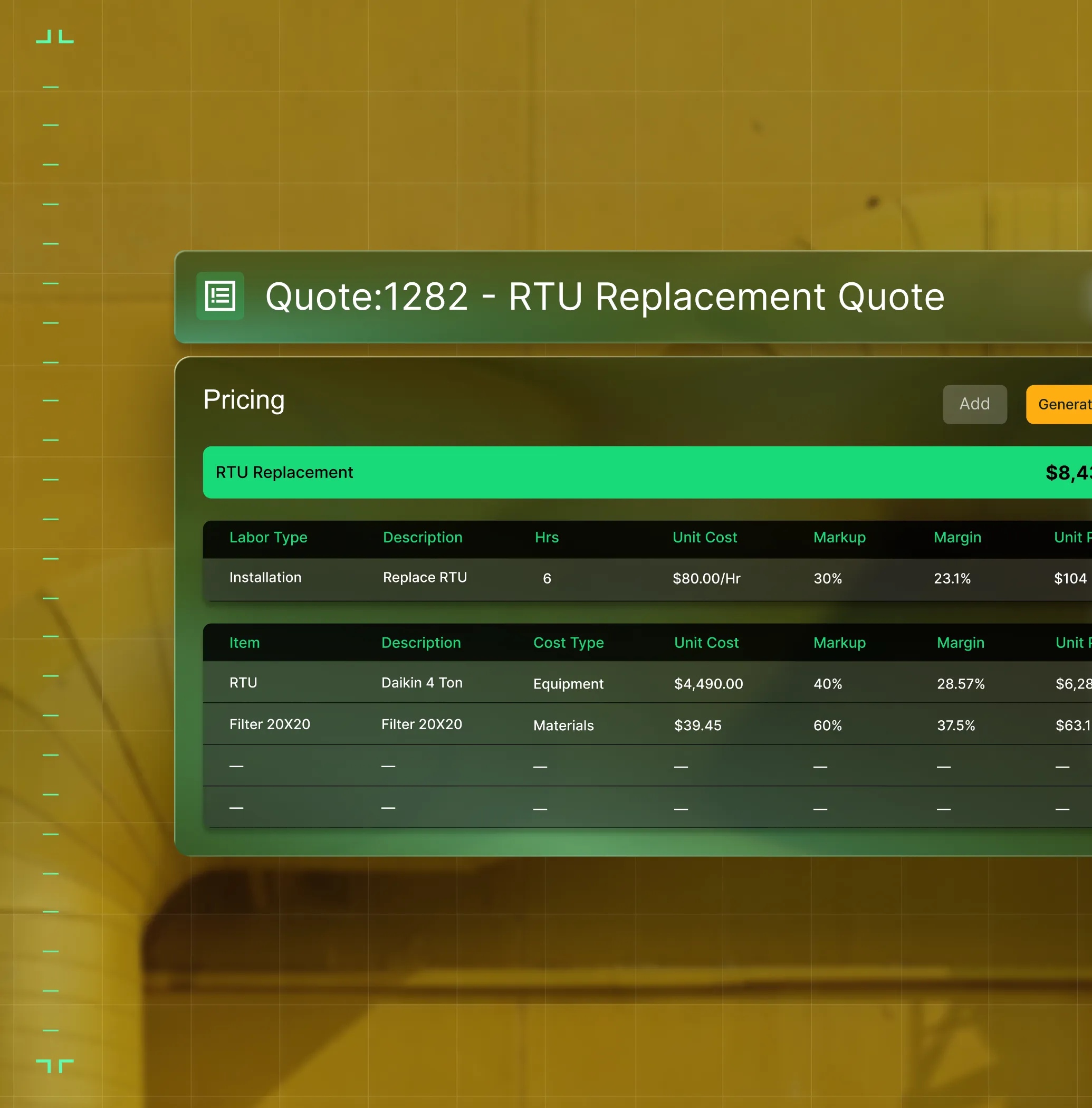 Screenshot of a quote titled 'Quote: 1282 - RTU Replacement Quote' showing pricing details, including labor type, descriptions, hours, unit cost, markup, and margins for RTU replacement and filter materials.