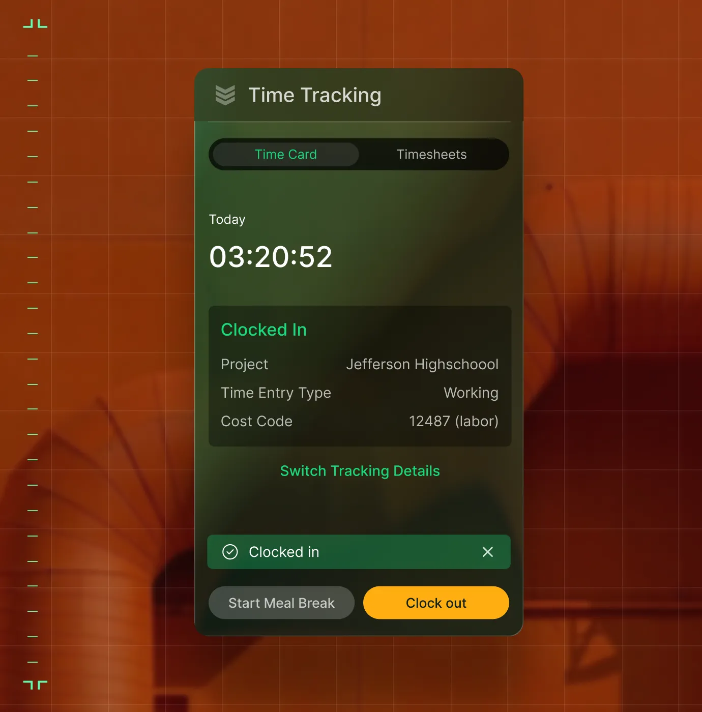 Time tracking app interface showing a timer at 03:20:52, clocked in status for project Jefferson Highschool, with options to start meal break or clock out.
