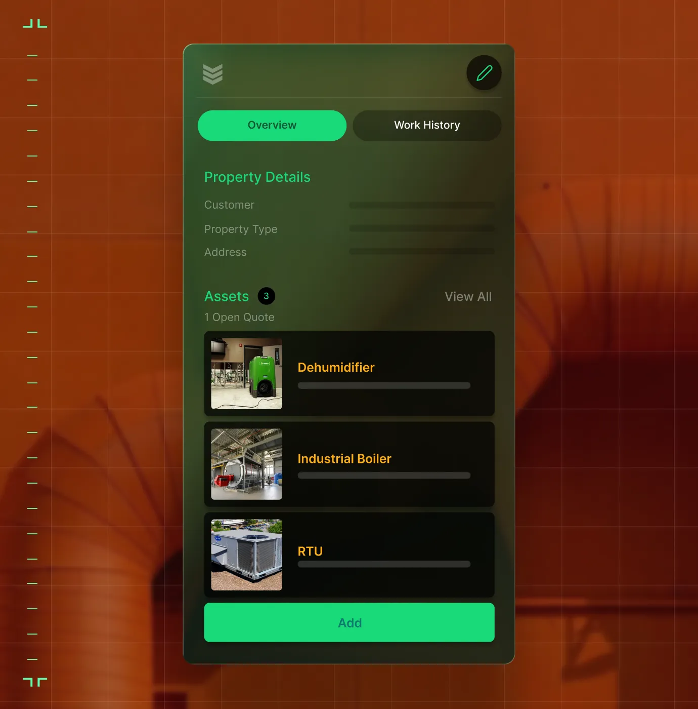 User interface panel showing property details and a list of assets including a dehumidifier, industrial boiler, and RTU with an Add button below.