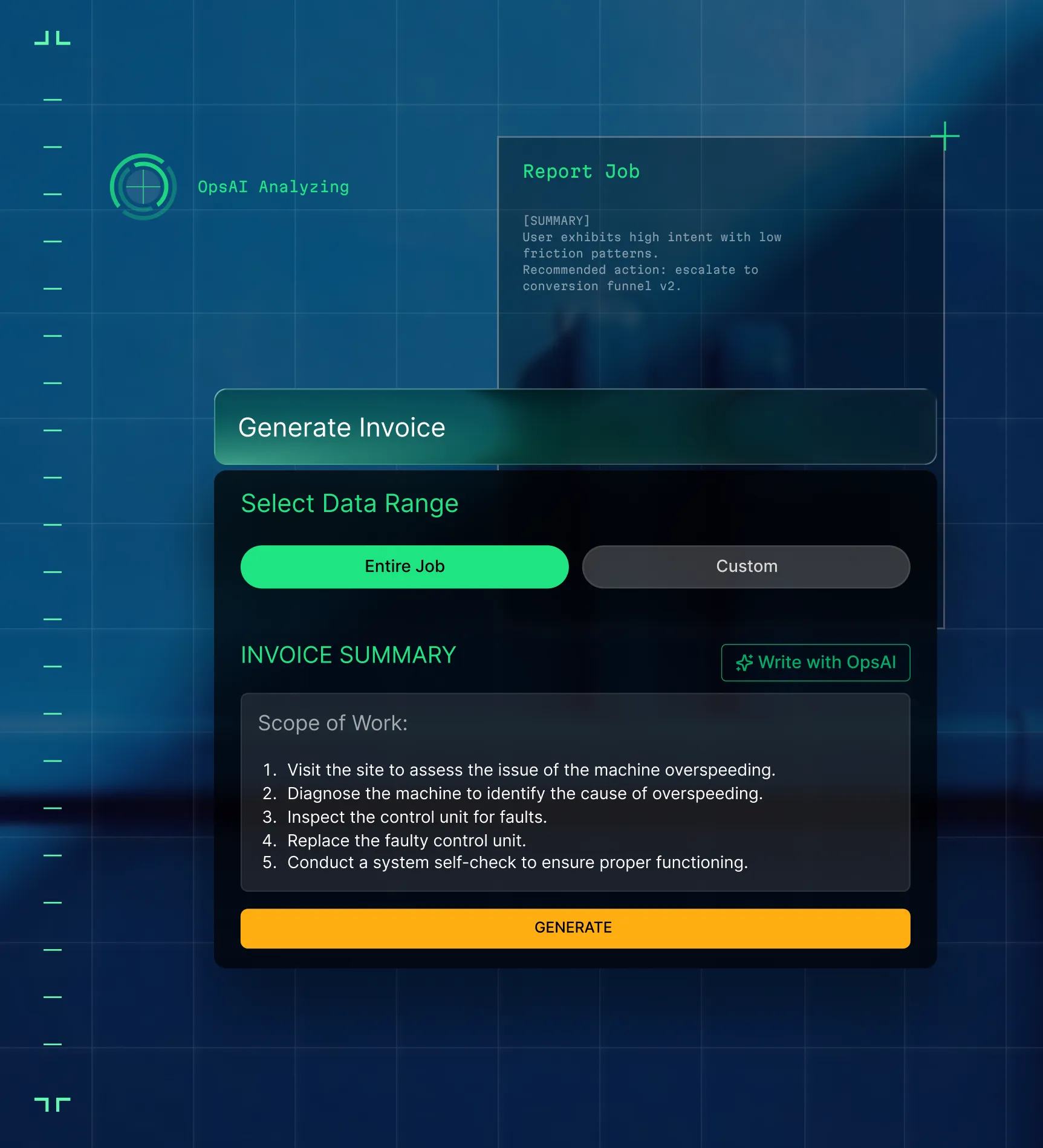 Screenshot of a digital interface for generating an invoice with options to select data range and an invoice summary listing tasks related to machine overspeeding diagnosis and repair.